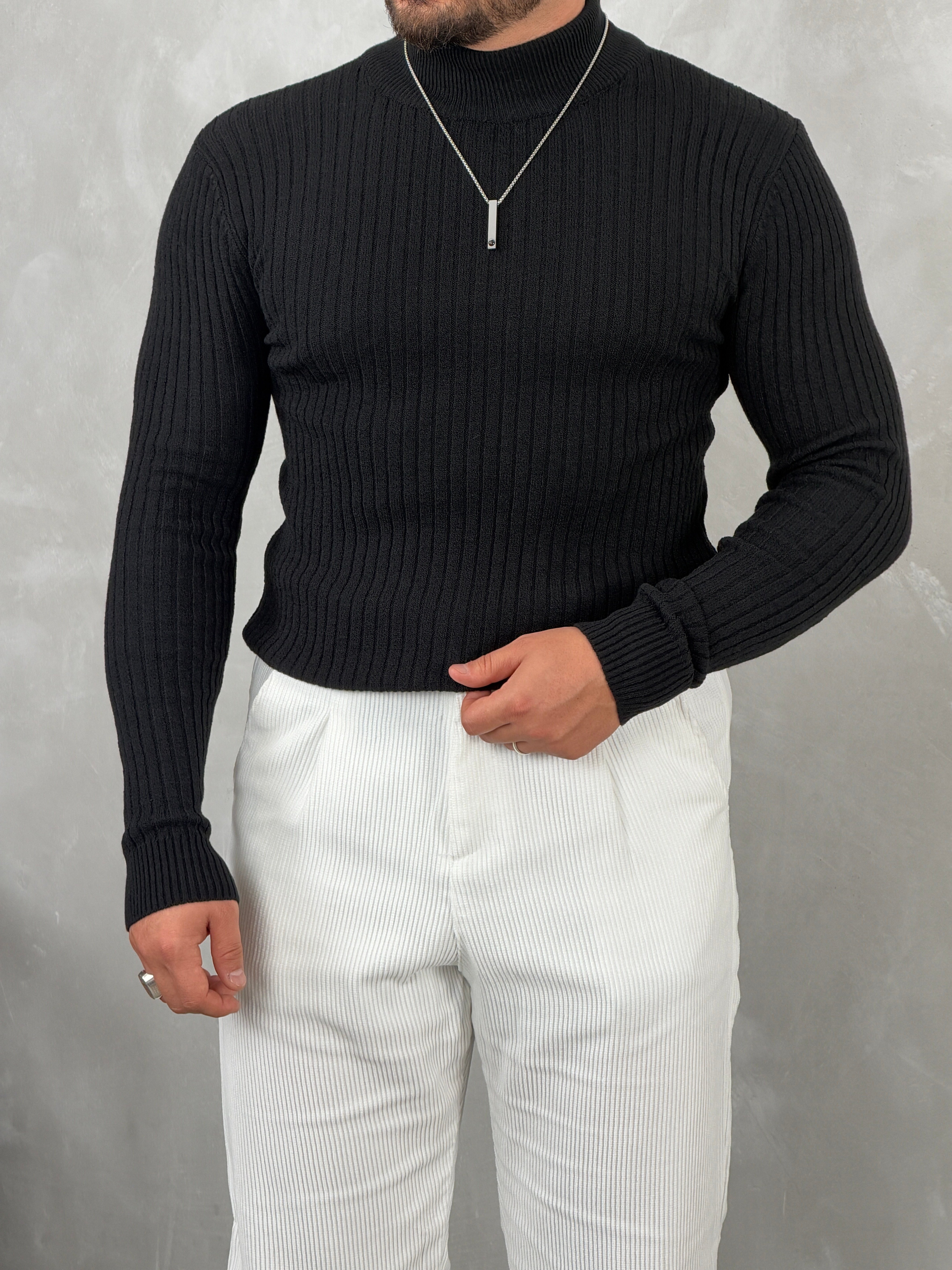 Fitilli Balıkçı Yaka Triko Sweatshirt Siyah