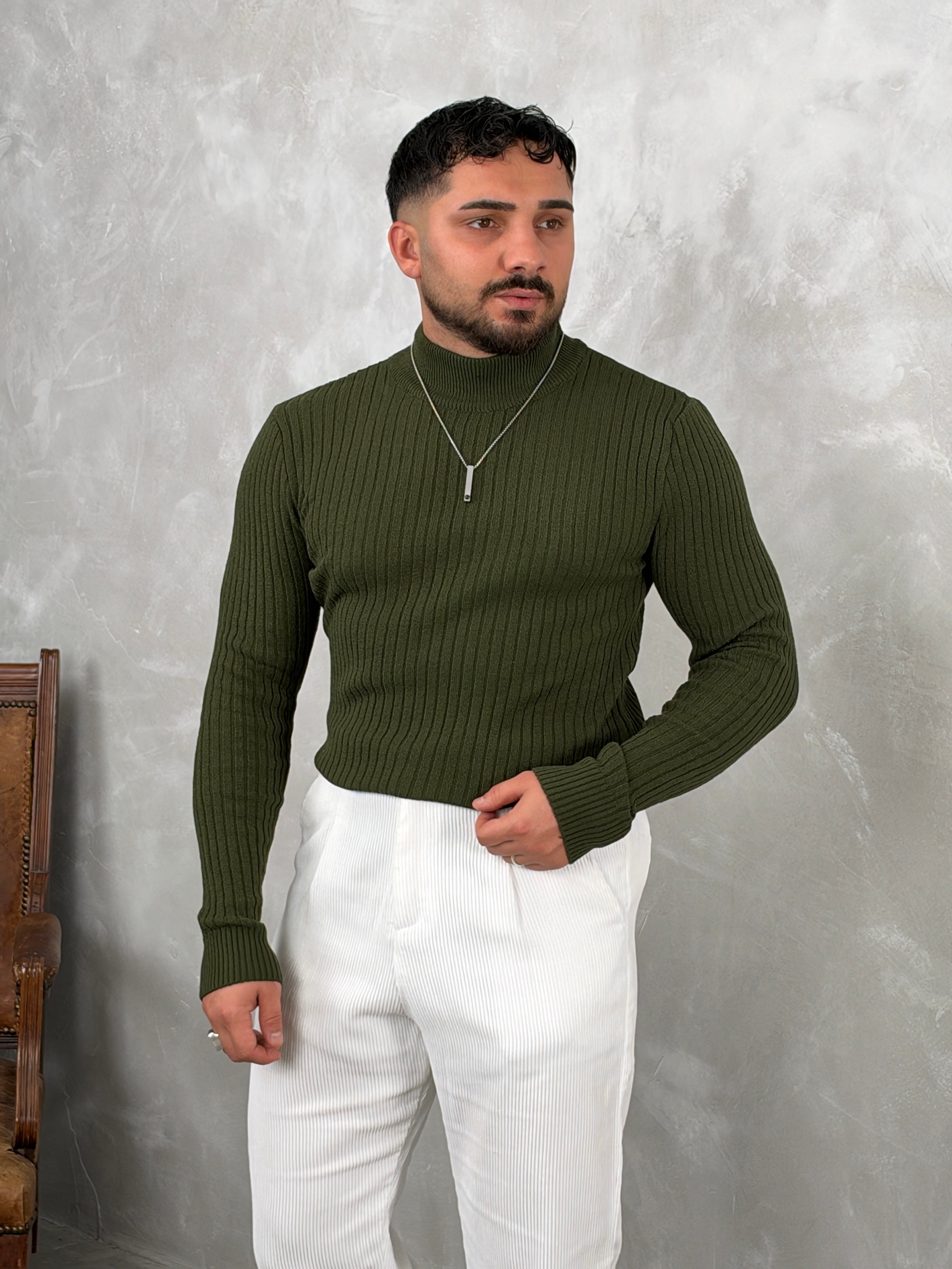 Fitilli Balıkçı Yaka Triko Sweatshirt Haki Yeşil