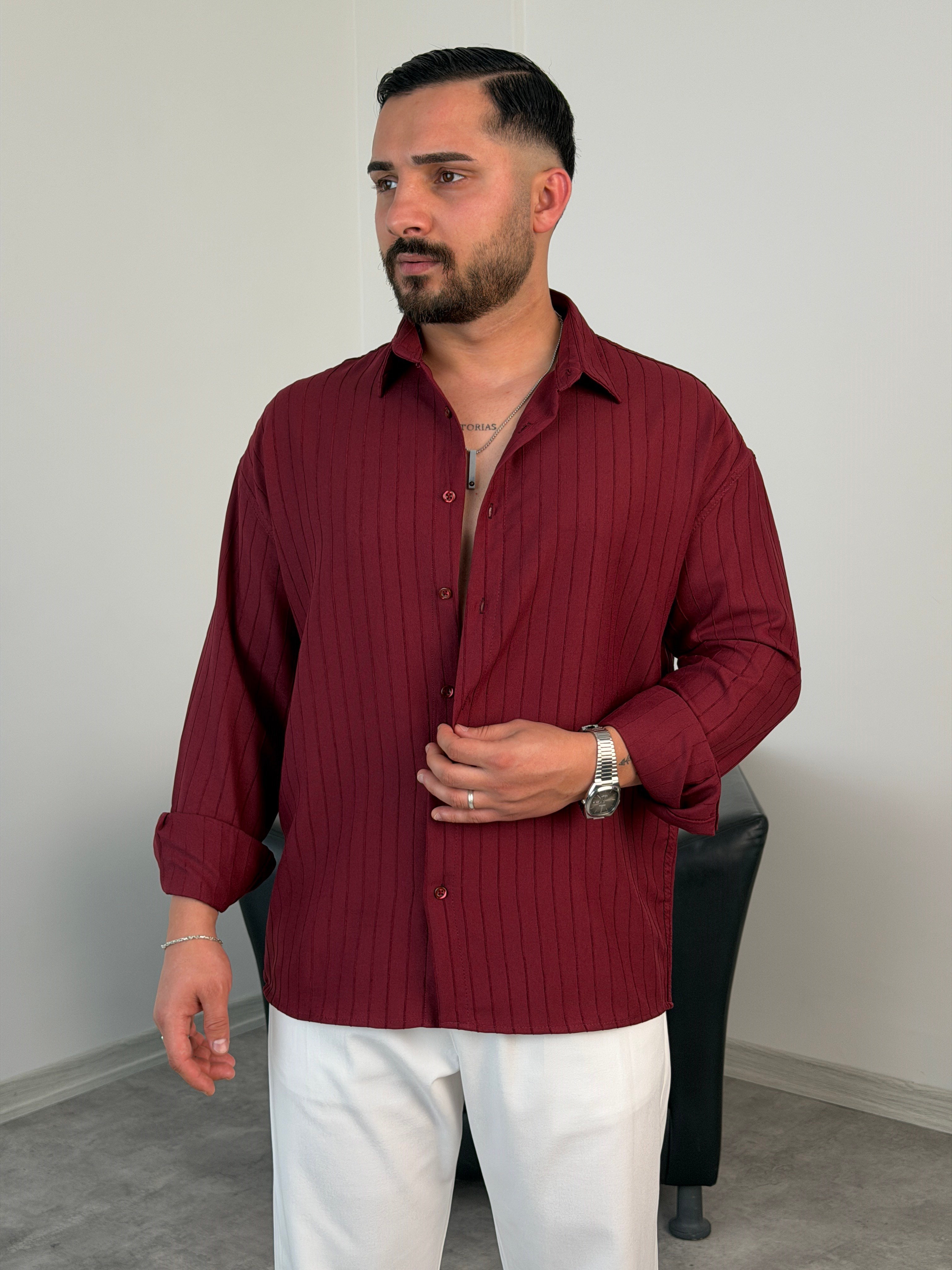 FİTİLLİ PAMUK MODAL UZUNKOL GÖMLEK BORDO