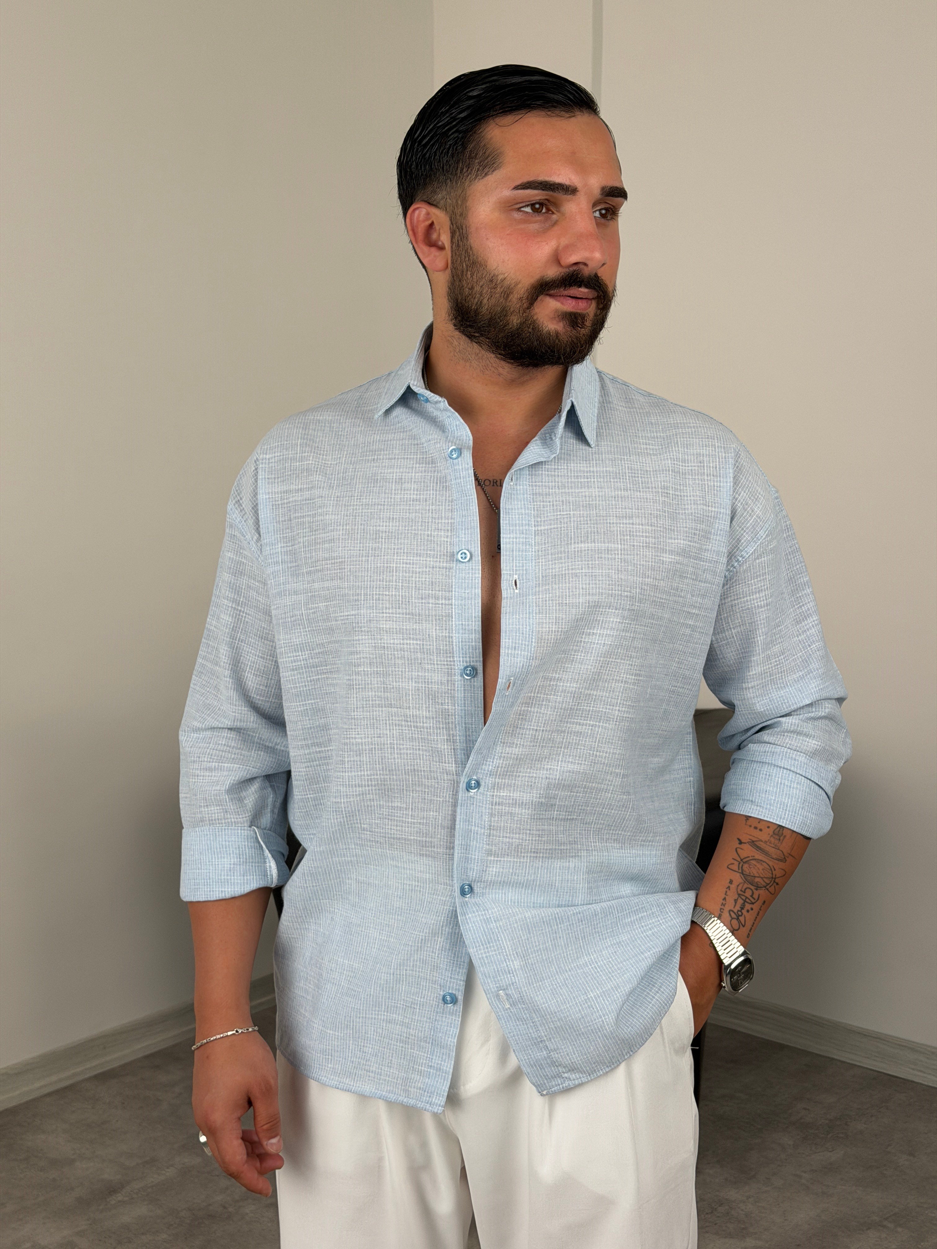 HAVAİ MODEL %100 KETEN GÖMLEK BEBE MAVİSİ