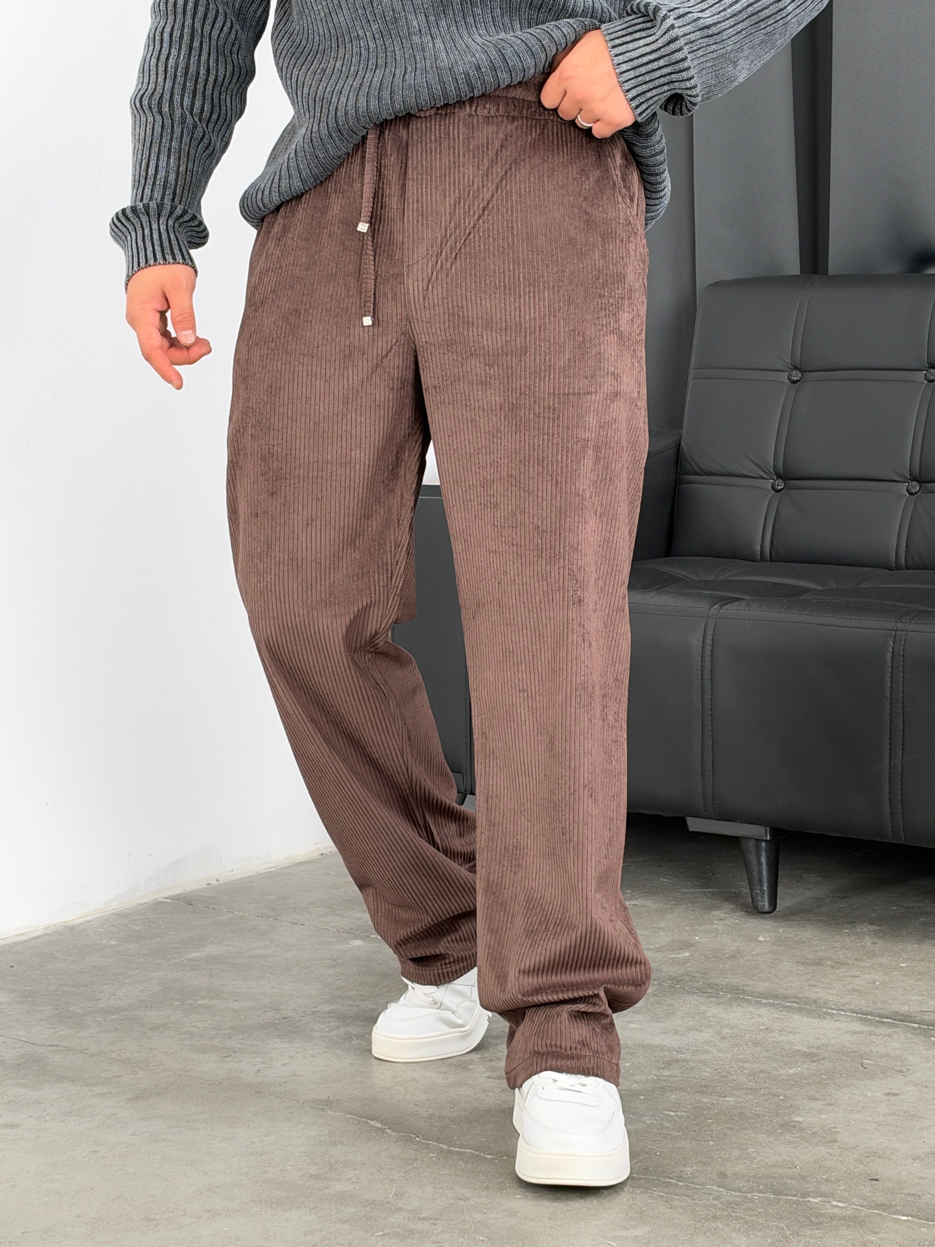 HL  Beli Lastik Kadife Baggy Pantolon Acı Kahve