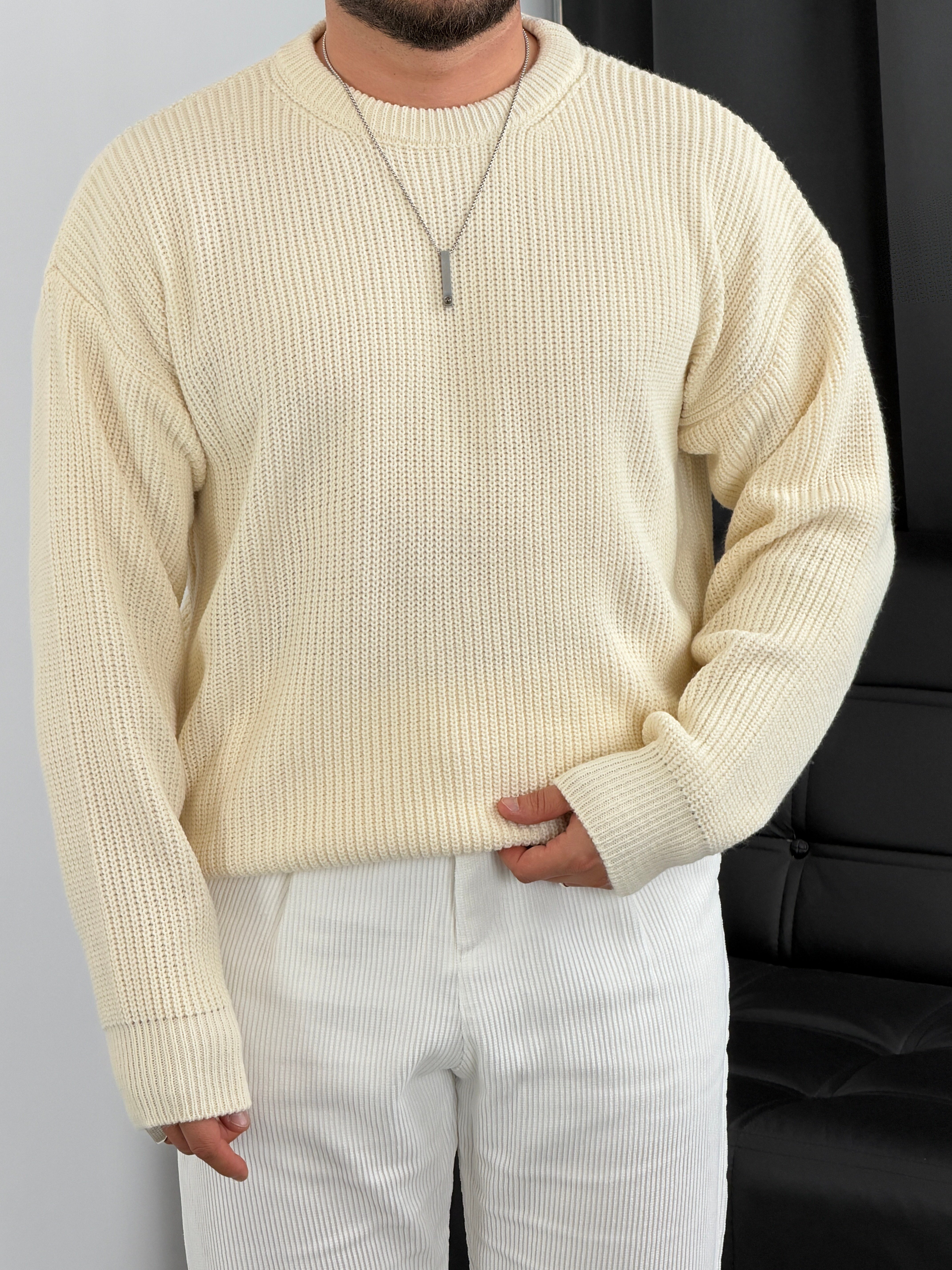 İNV Selanik Örgü Bisiklet yaka Triko Sweatshirt Ekru