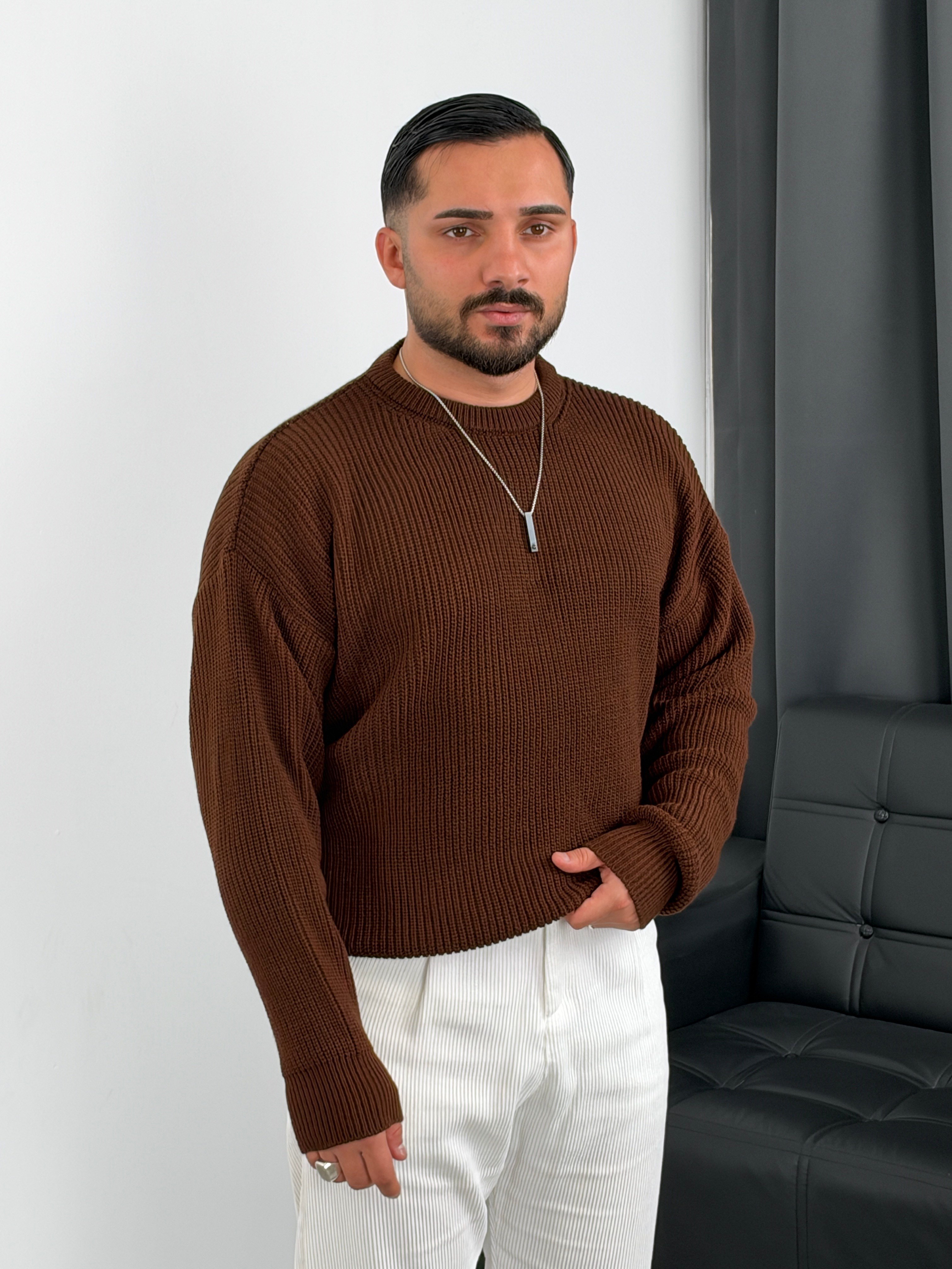 İNV Selanik Örgü Bisiklet yaka Triko Sweatshirt Acı Kahve