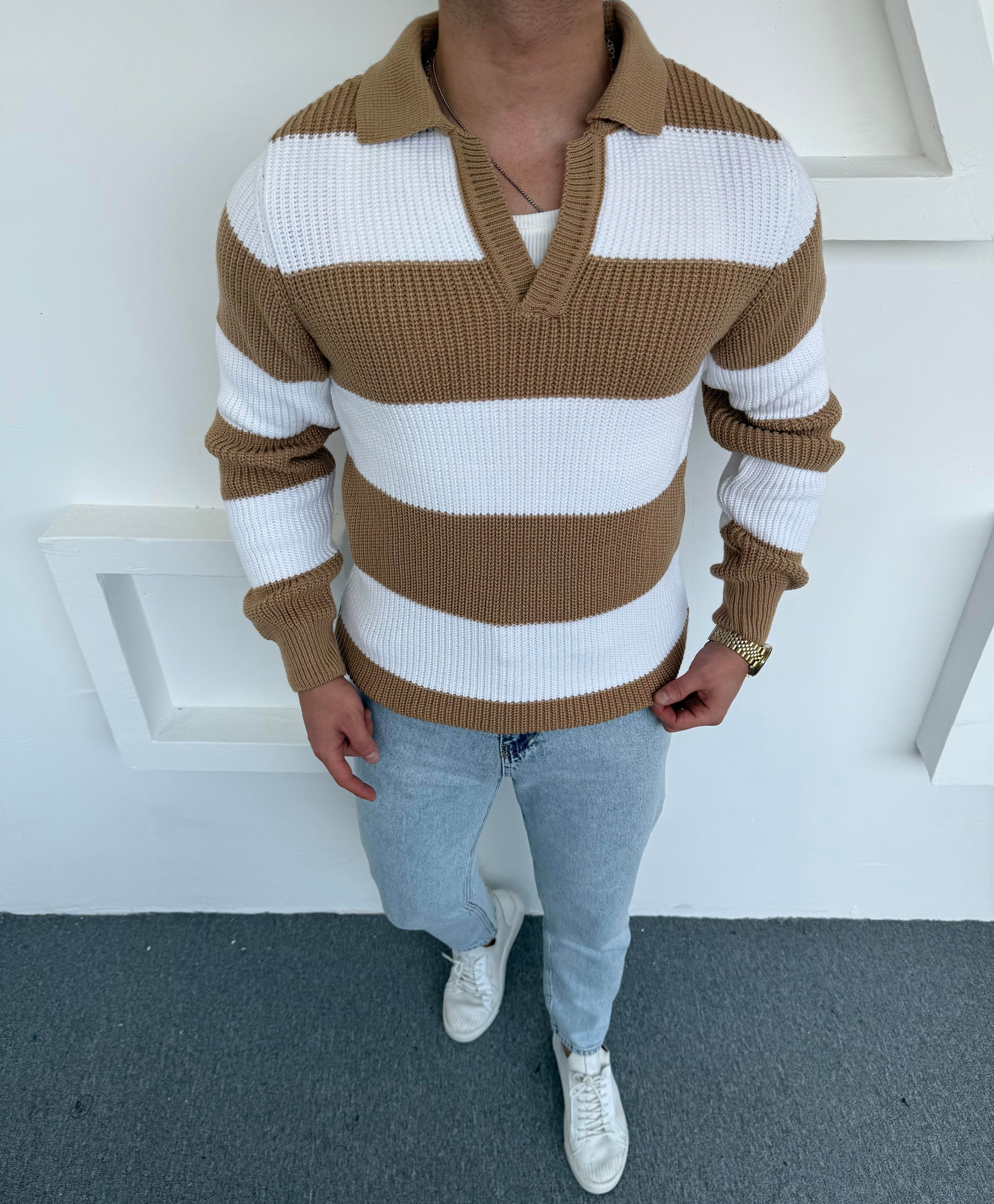 Kalın Açık Polo Yaka Oversize Triko Bej