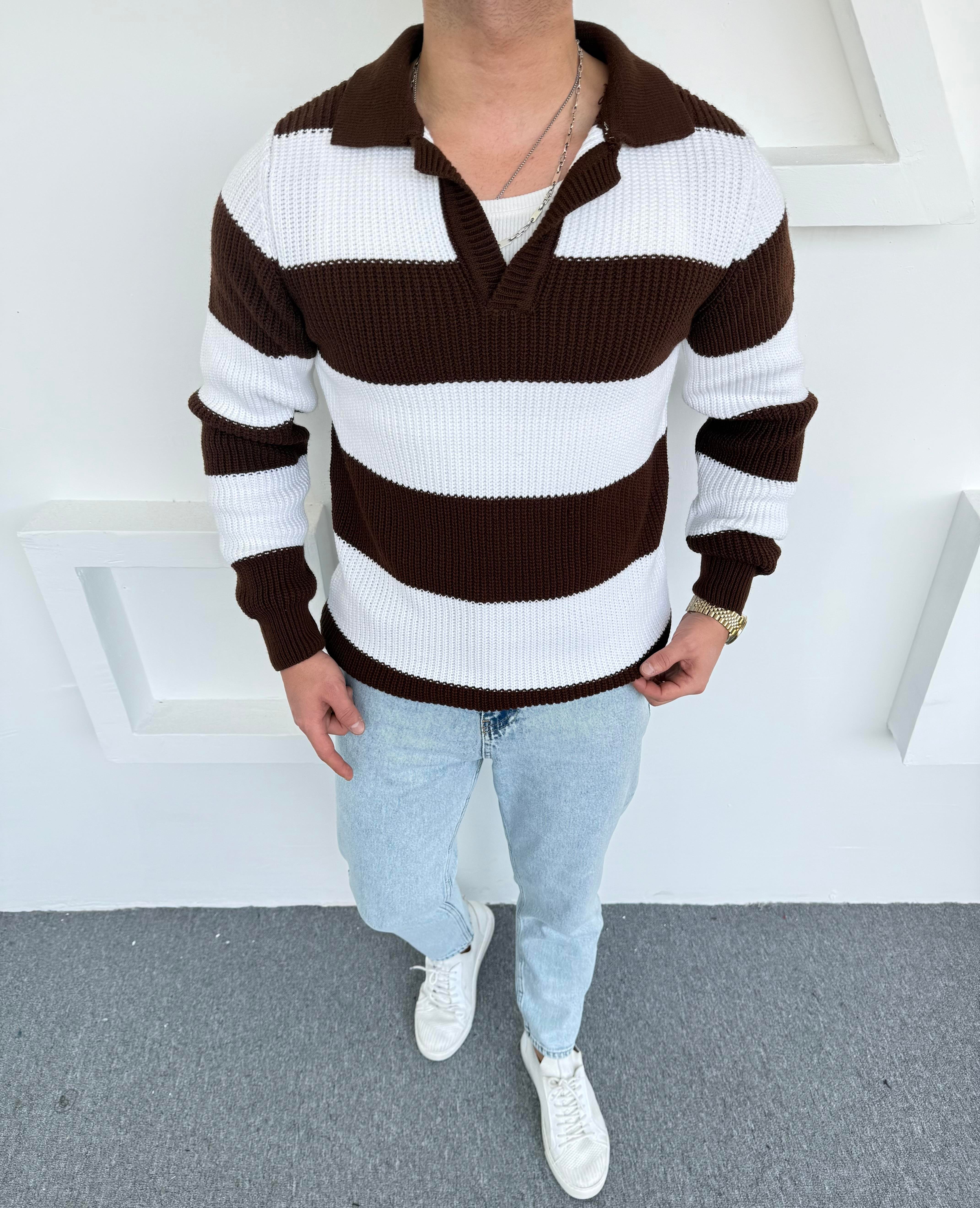 Kalın Açık Polo Yaka Oversize Triko Siyah