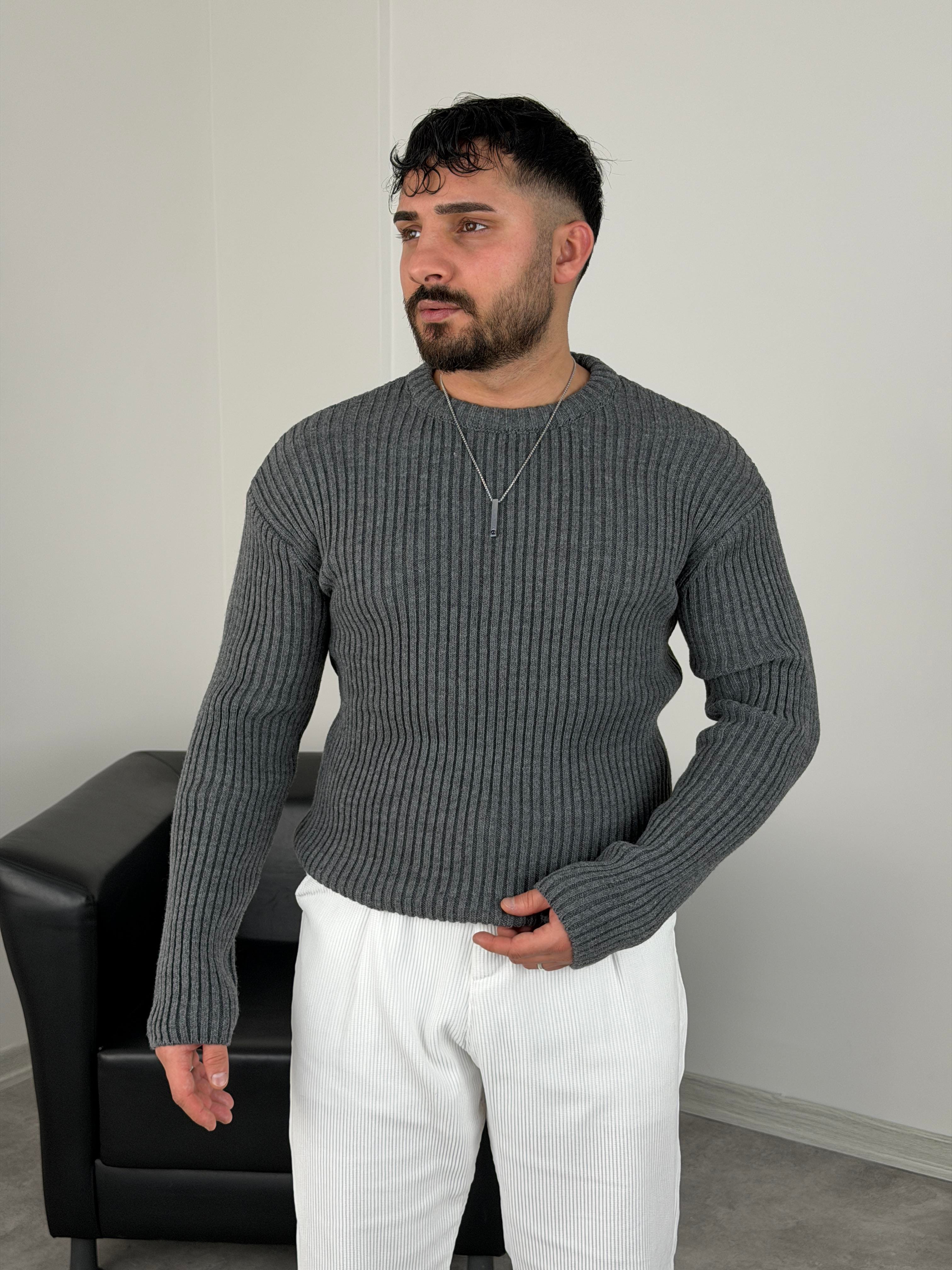 KALIN FİTİLLİ OVERSİZE TRİKO BİSİKLET YAKA ANTRASİT