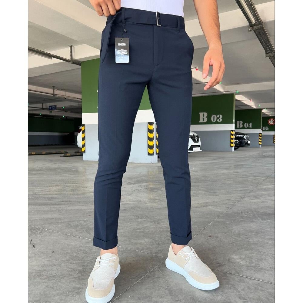 KENDİNDEN KEMERLİ DUBLE PAÇA KUMAŞ PANTOLON