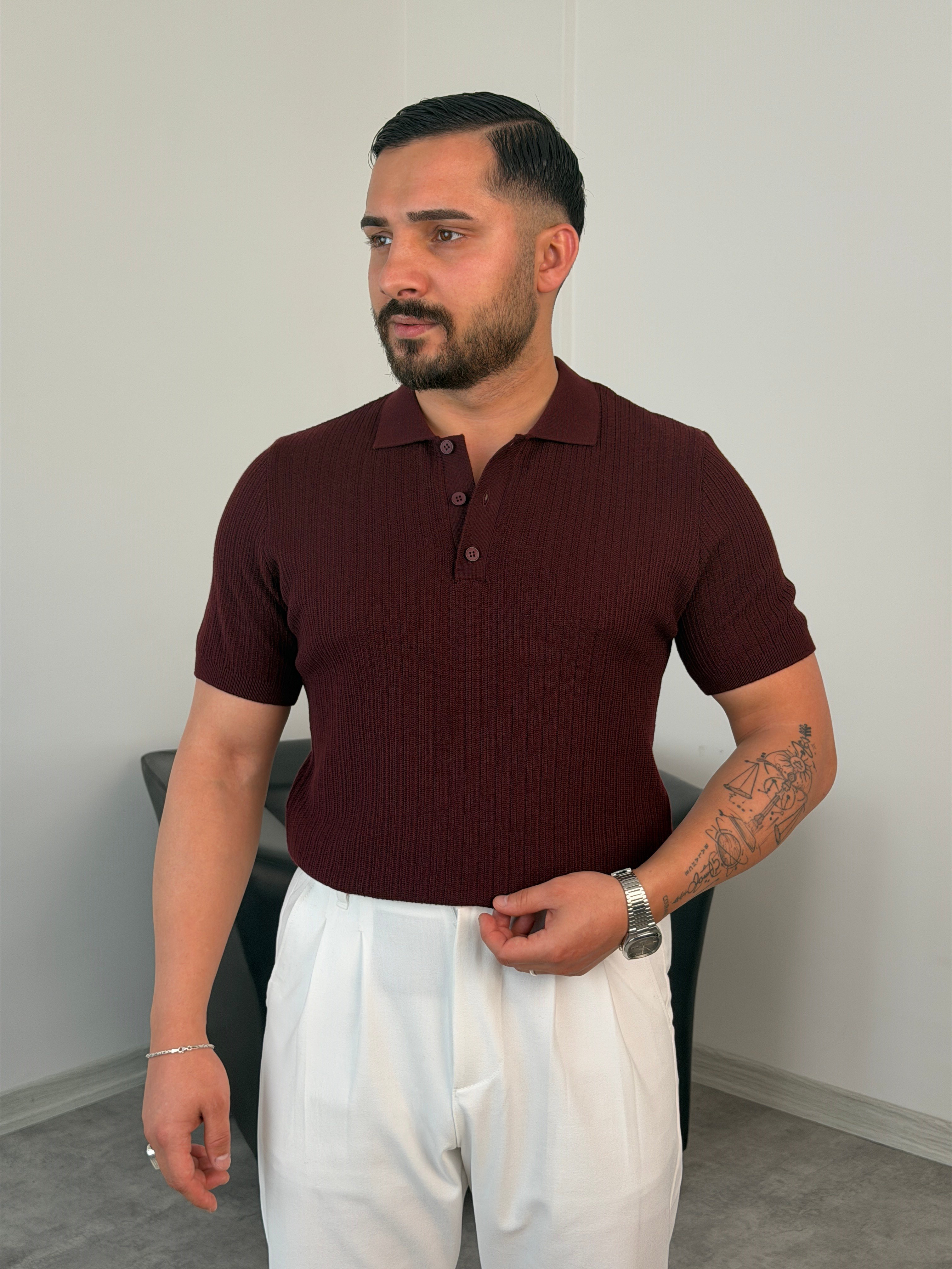 Kırçıllı Polo Yaka Düğmeli Triko Tişört Bordo