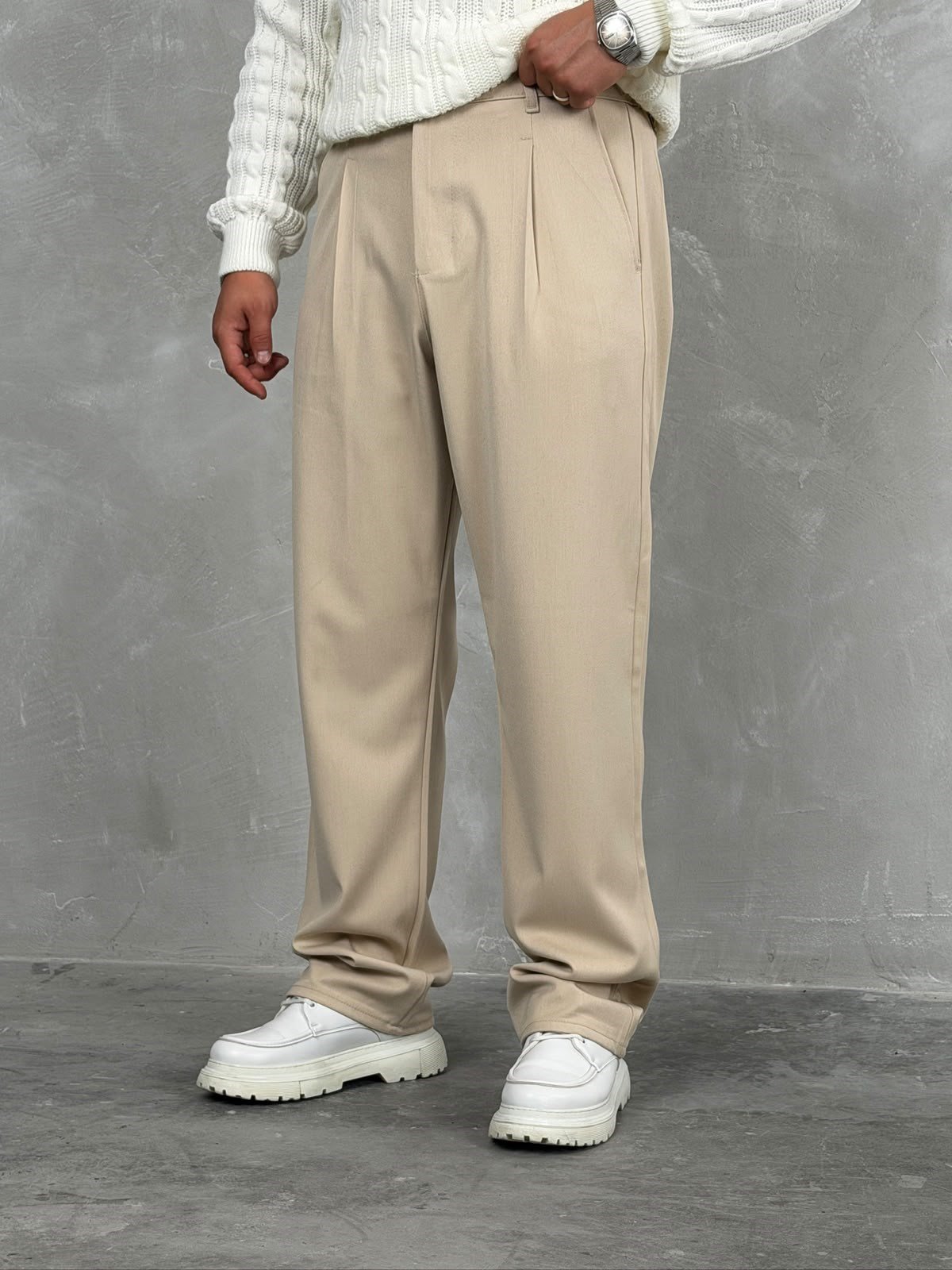 Kışlık Gabardin Baggy Pantolon Bej