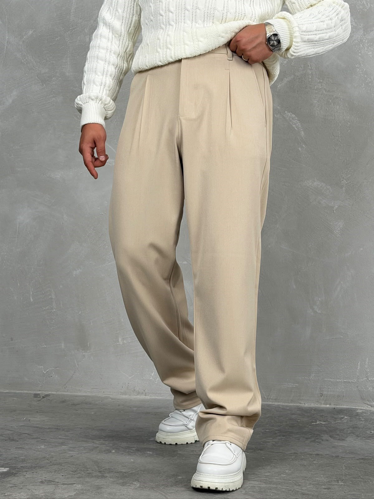 Kışlık Gabardin Baggy Pantolon Bej