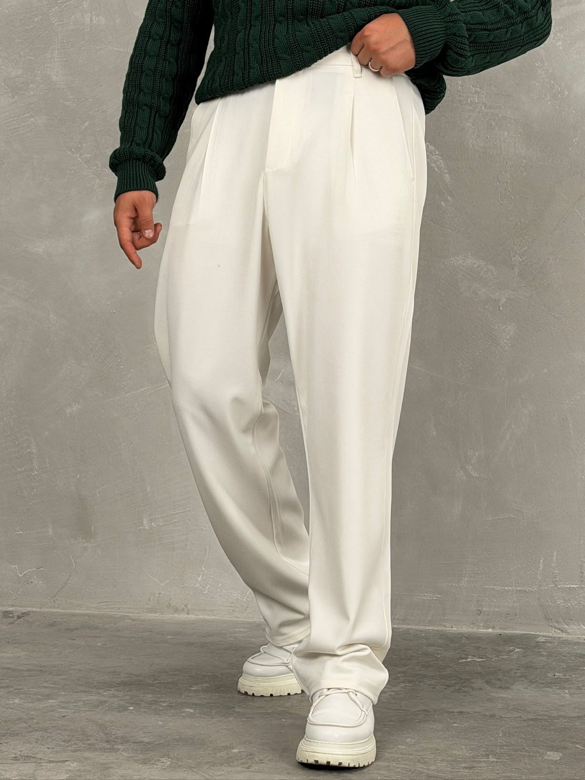 Kışlık Gabardin Baggy Pantolon Beyaz
