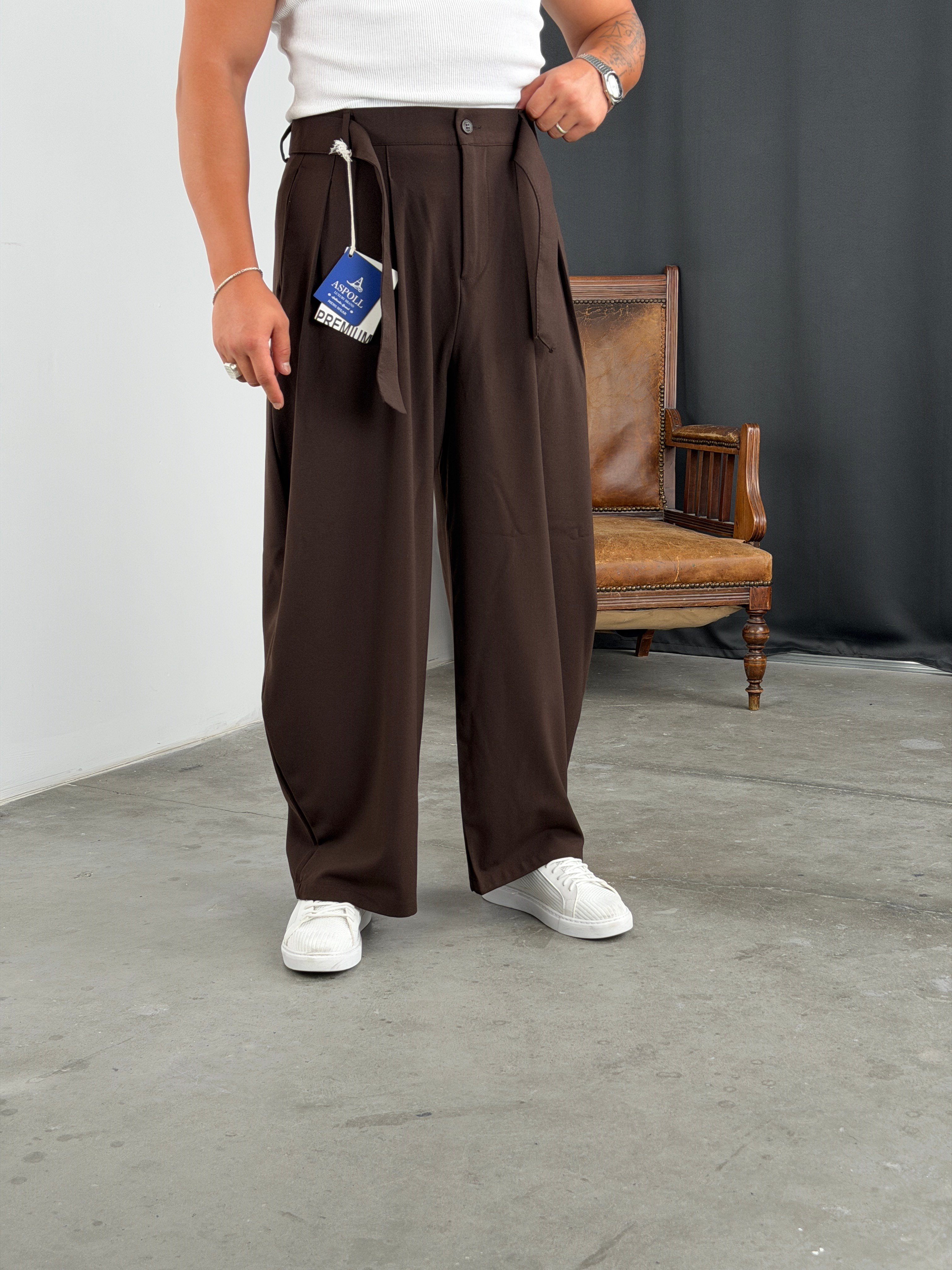 KORE MODEL KUŞAKLI PREMİUM BAGGY PANTOLON ACI KAHVE