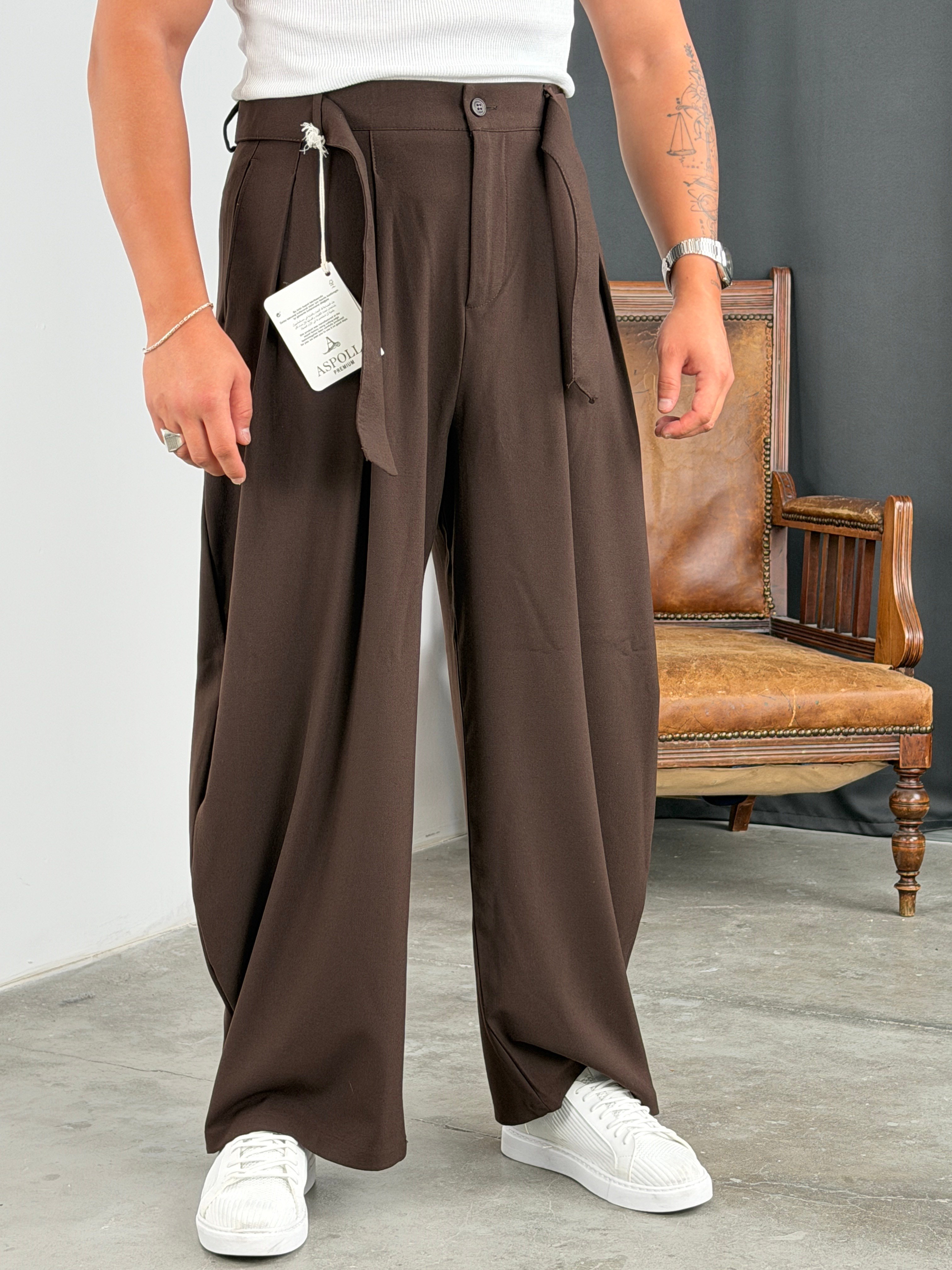 KORE MODEL KUŞAKLI PREMİUM BAGGY PANTOLON ACI KAHVE