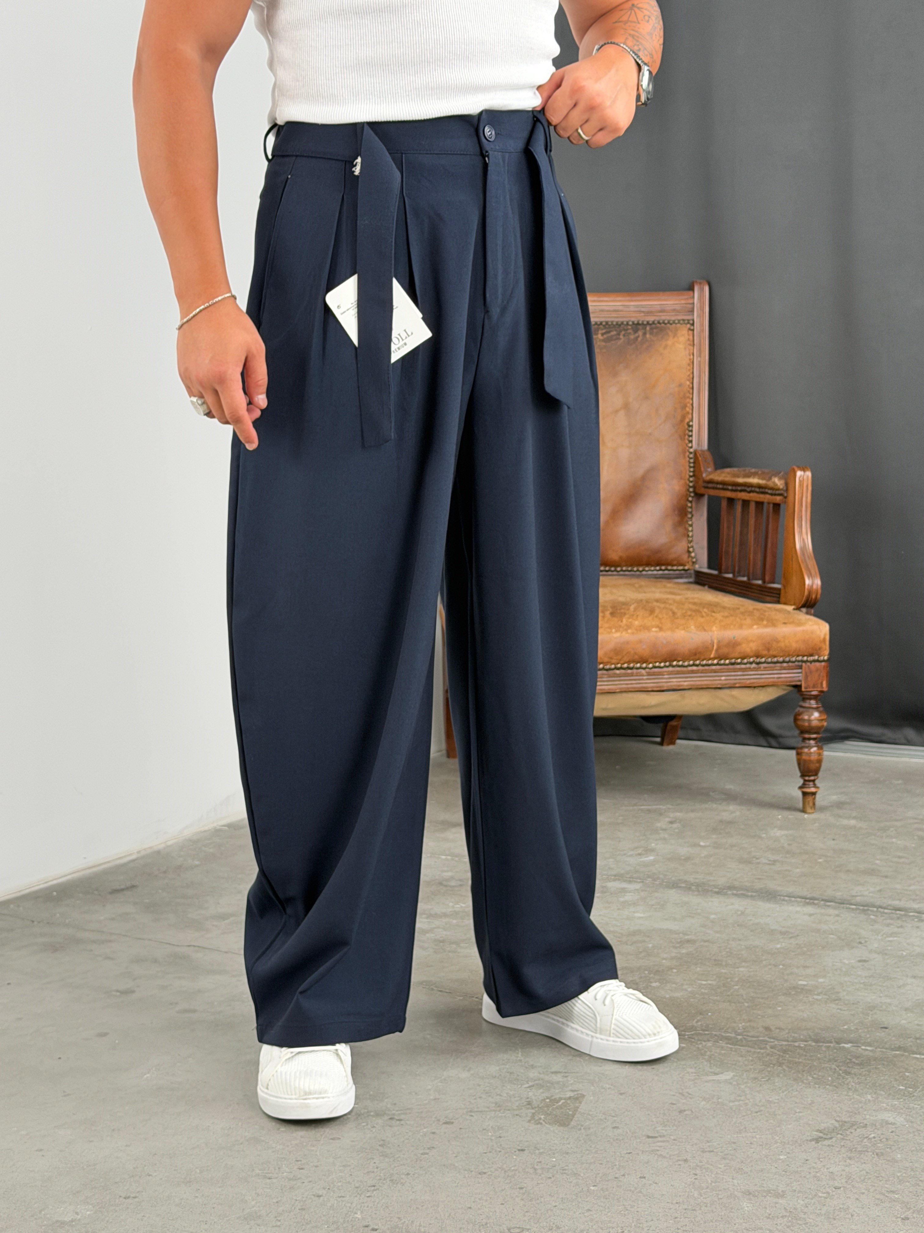 KORE MODEL KUŞAKLI PREMİUM BAGGY PANTOLON LACİVERT