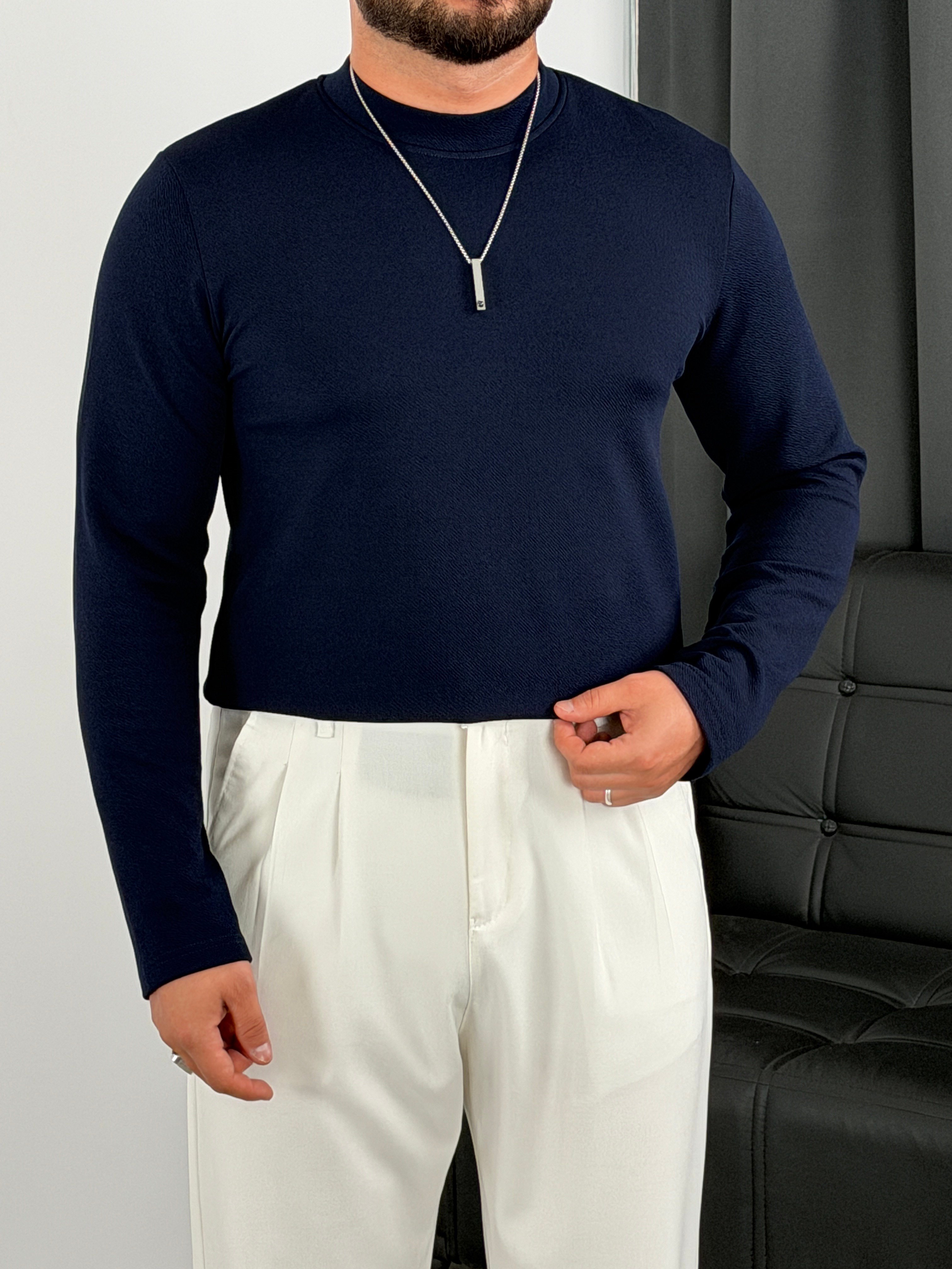 Krep Balıkçı Yaka İçi Şardonlu Sweatshirt Lacivert