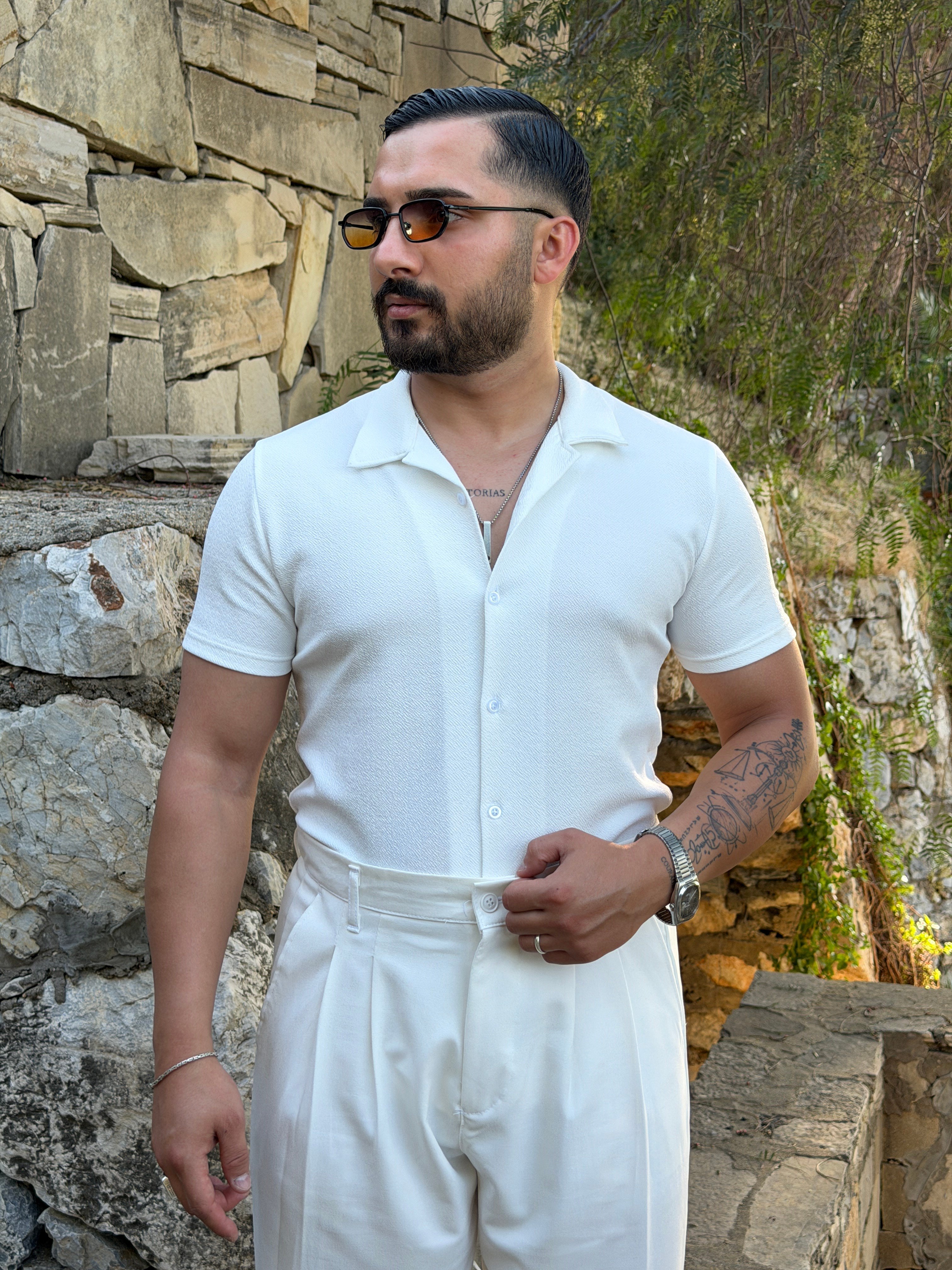 KREP ÖRME KISAKOL GÖMLEK BEYAZ