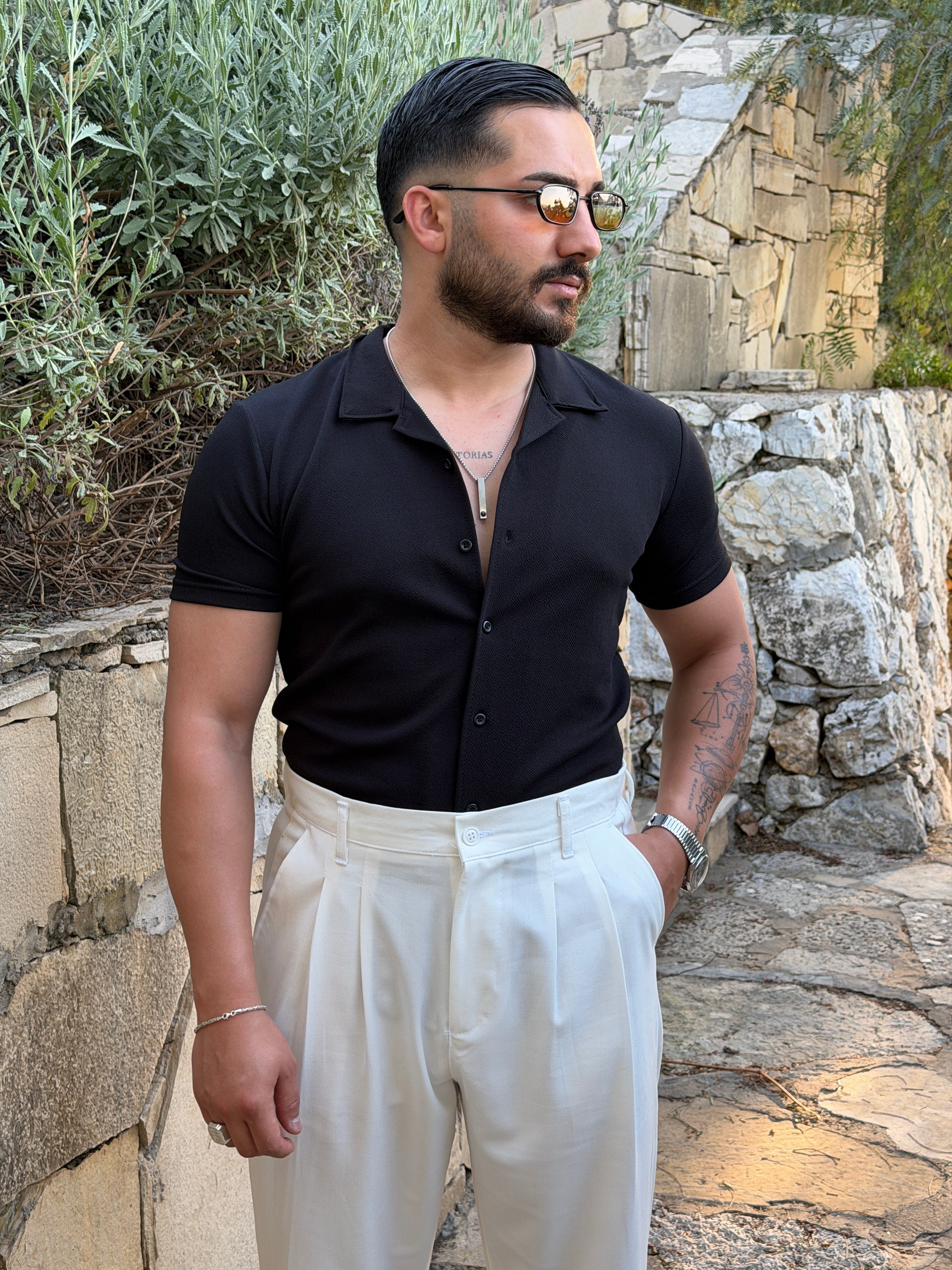 KREP ÖRME KISAKOL GÖMLEK SİYAH