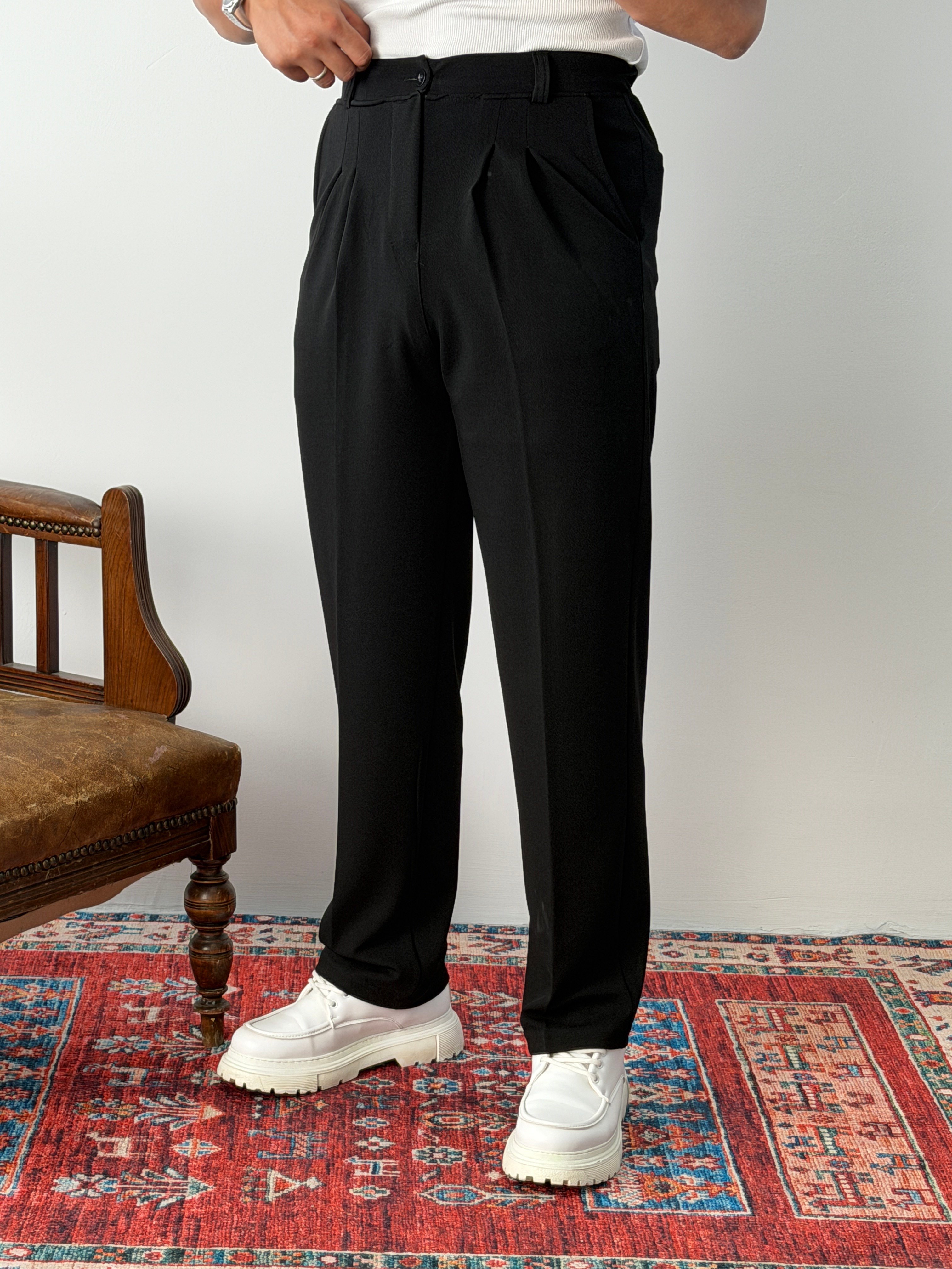 KREP PİLELİ YIKAMALI BAGGY PANTOLON SİYAH