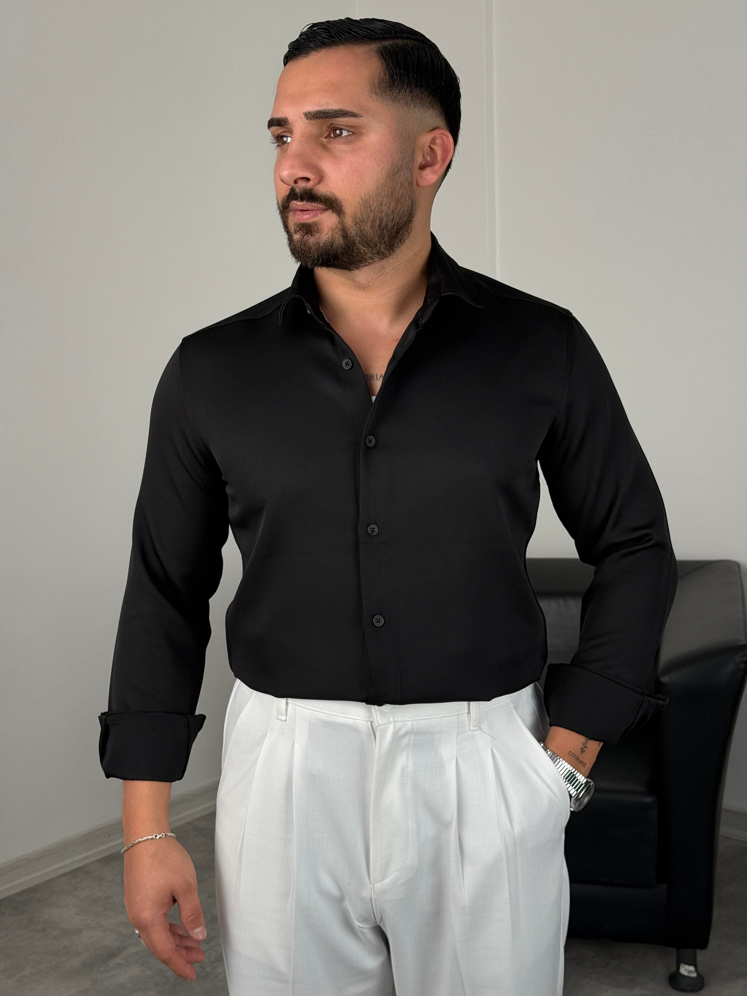 LİKRALI DABIL KUMAŞ GÖMLEK SİYAH