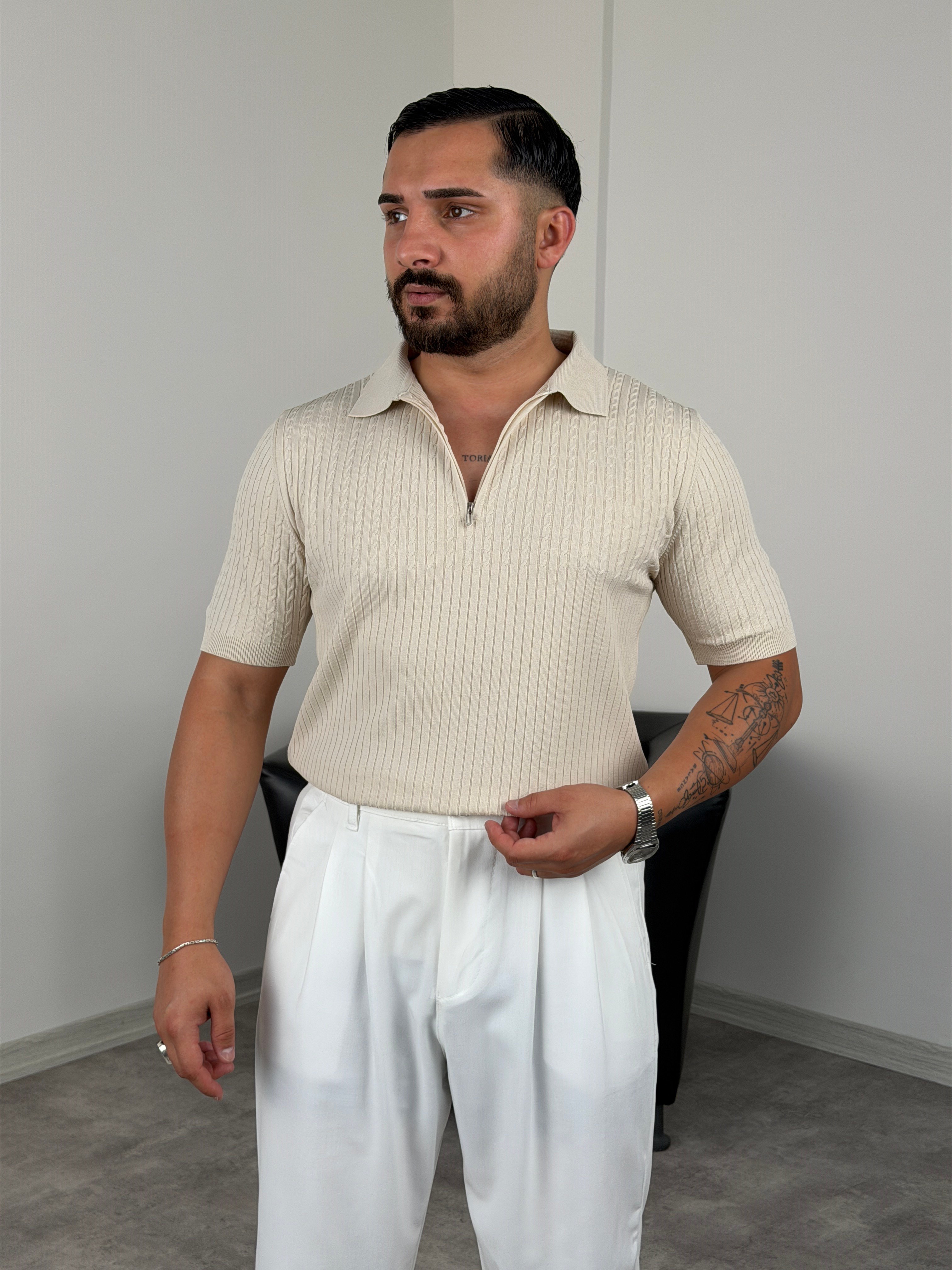 LRD SAÇ ÖRGÜ YARIM FERMUAR TİŞÖRT BEJ