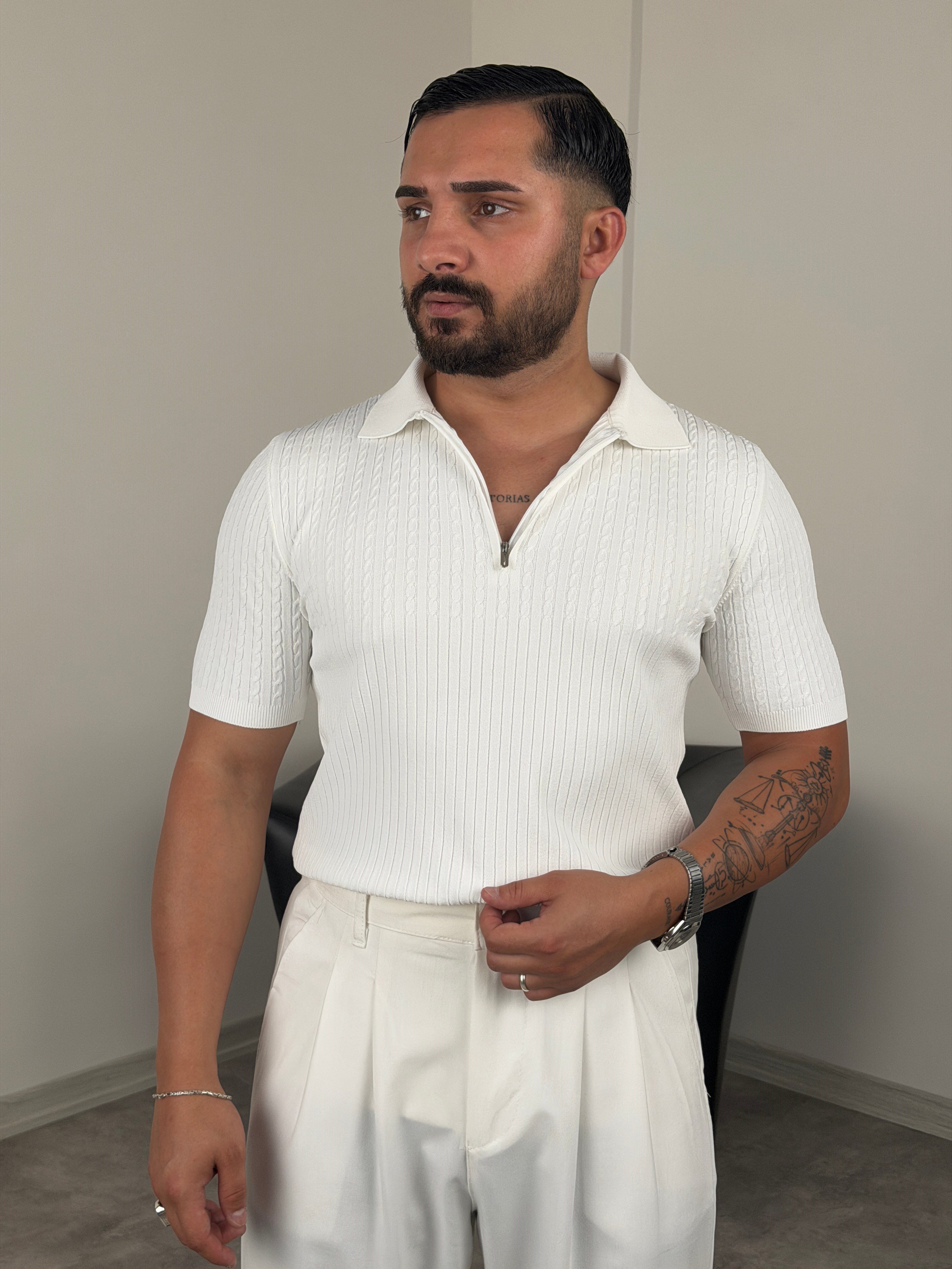 LRD SAÇ ÖRGÜ YARIM FERMUAR TİŞÖRT BEYAZ
