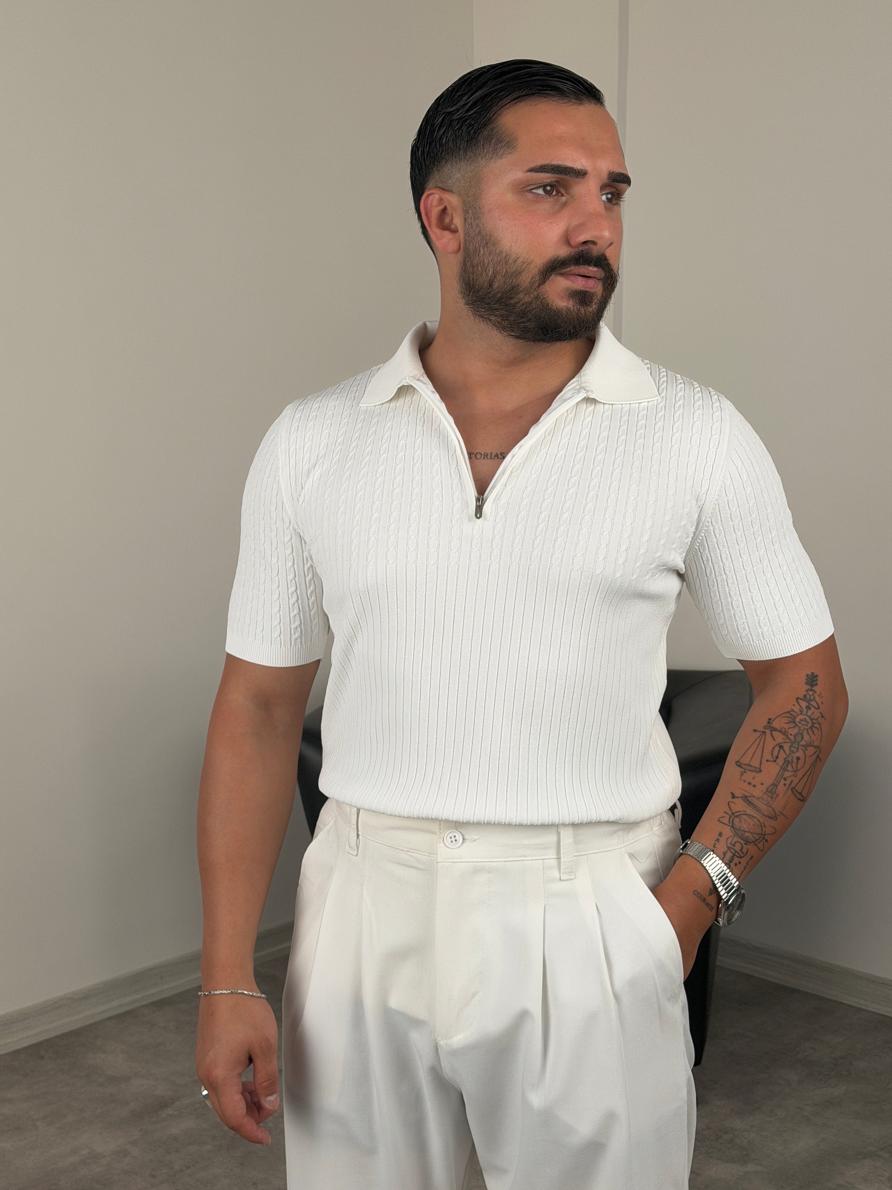 LRD SAÇ ÖRGÜ YARIM FERMUAR TİŞÖRT BEYAZ