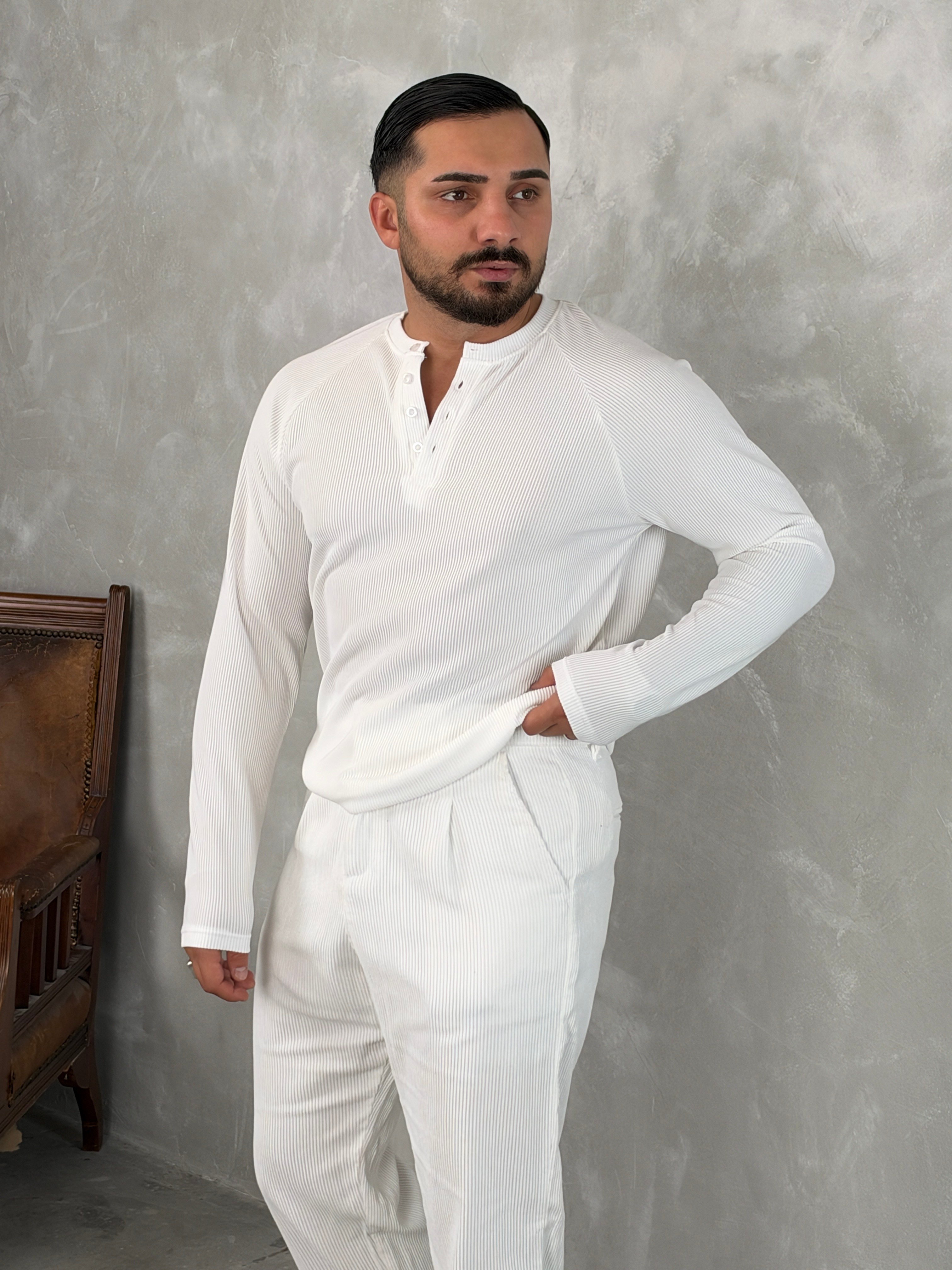 Ottoman Henley Yaka Sweatshirt Beyaz