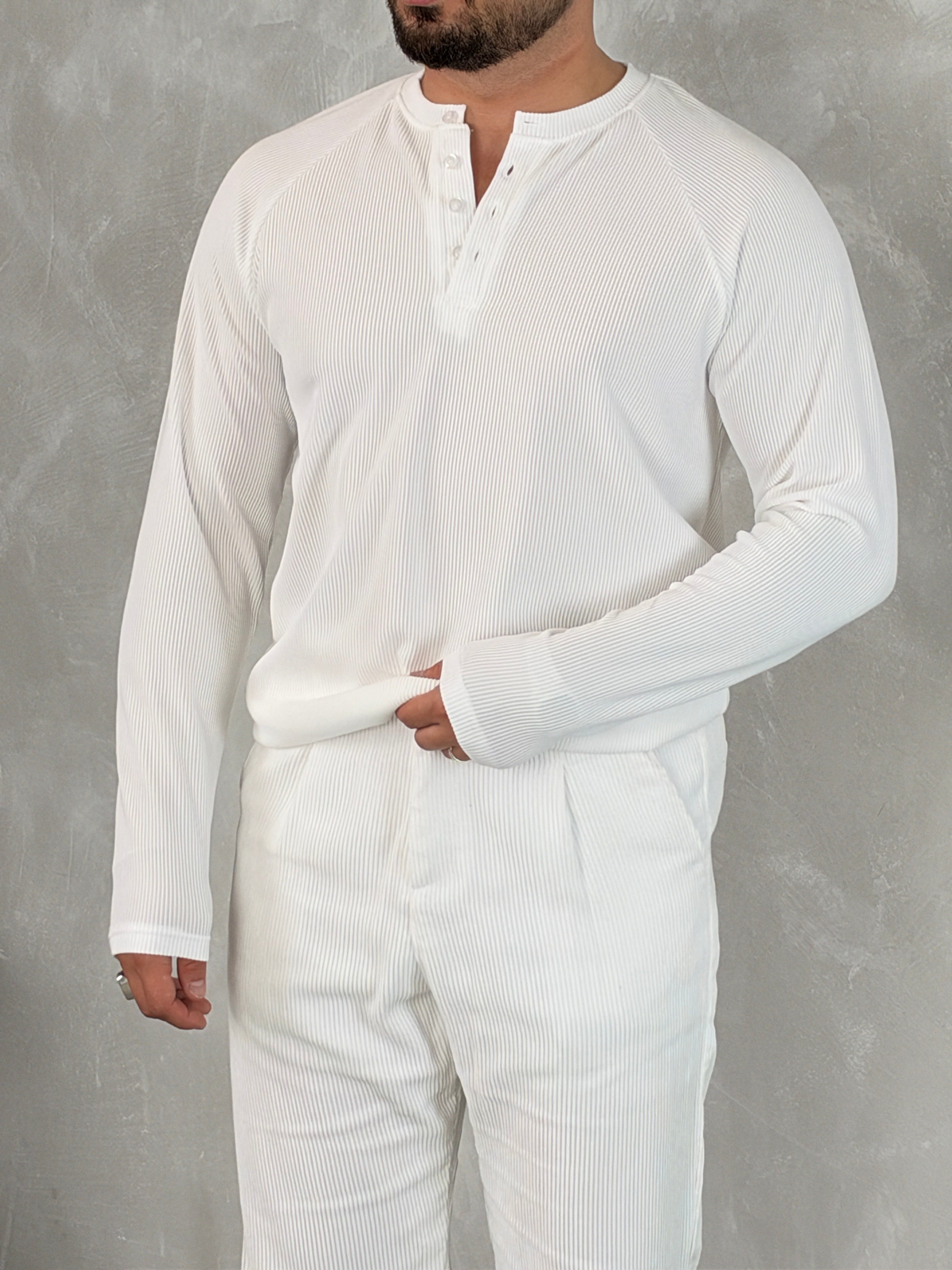 Ottoman Henley Yaka Sweatshirt Beyaz
