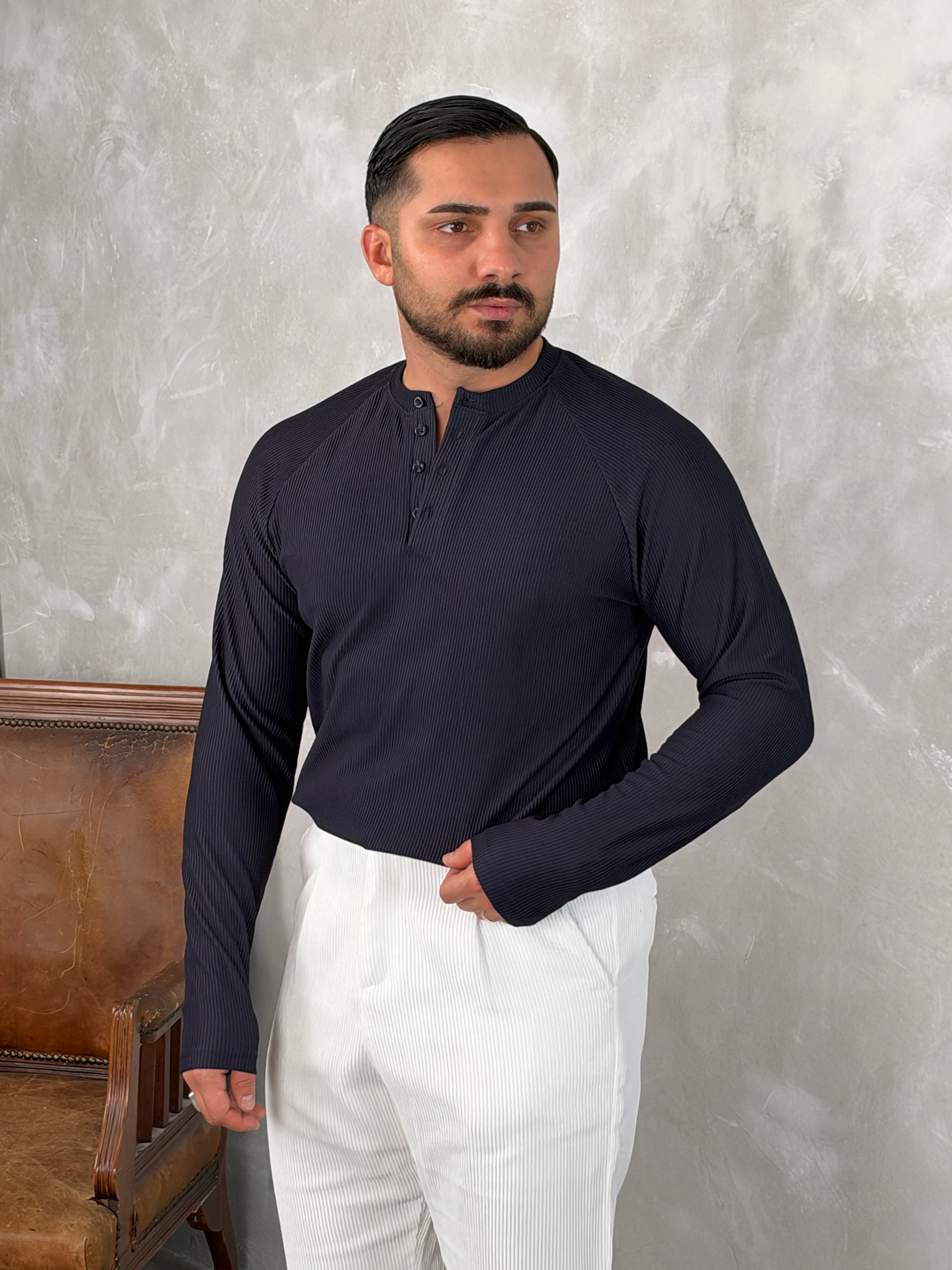 Ottoman Henley Yaka Sweatshirt Lacivert