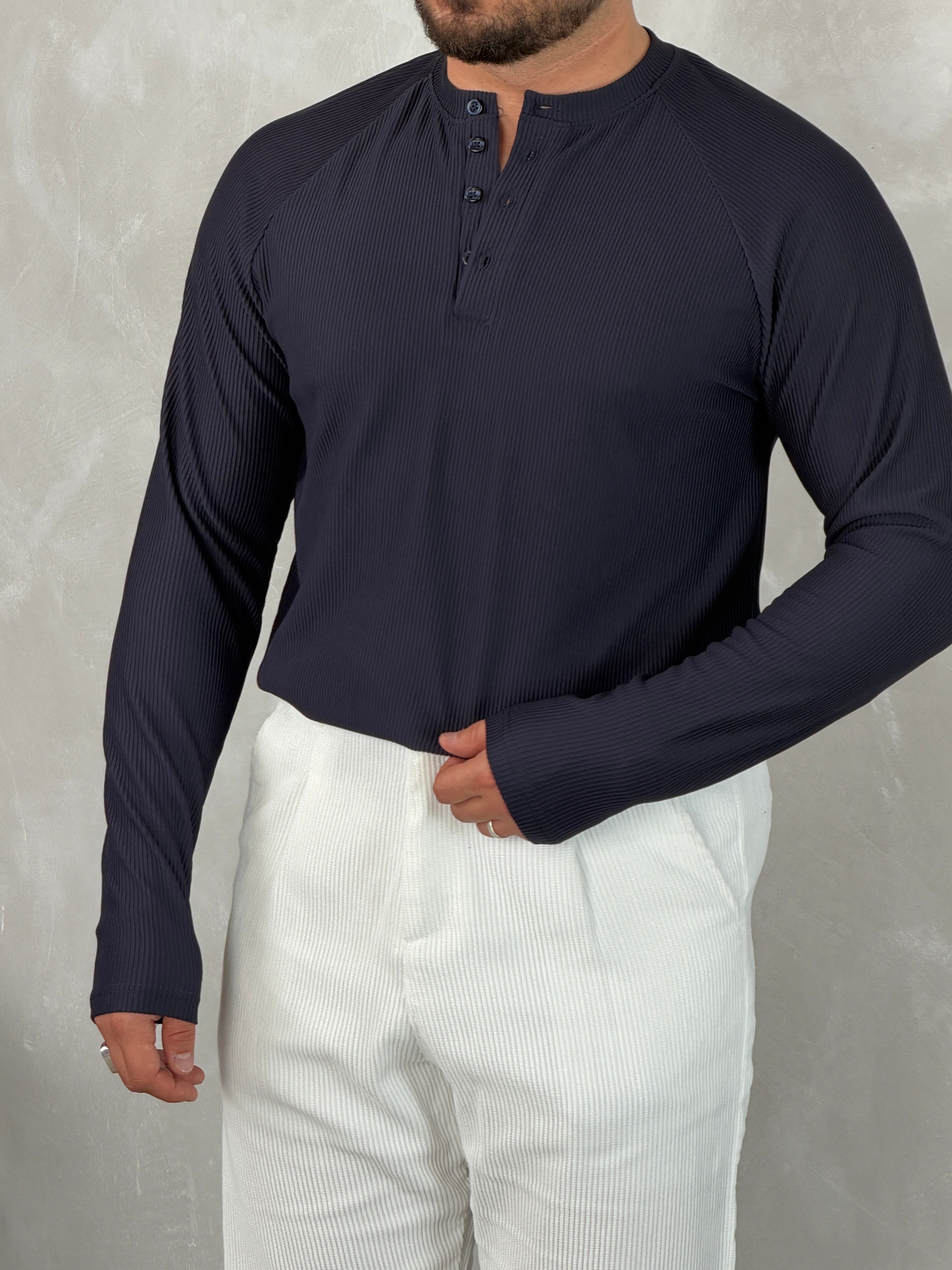 Ottoman Henley Yaka Sweatshirt Lacivert