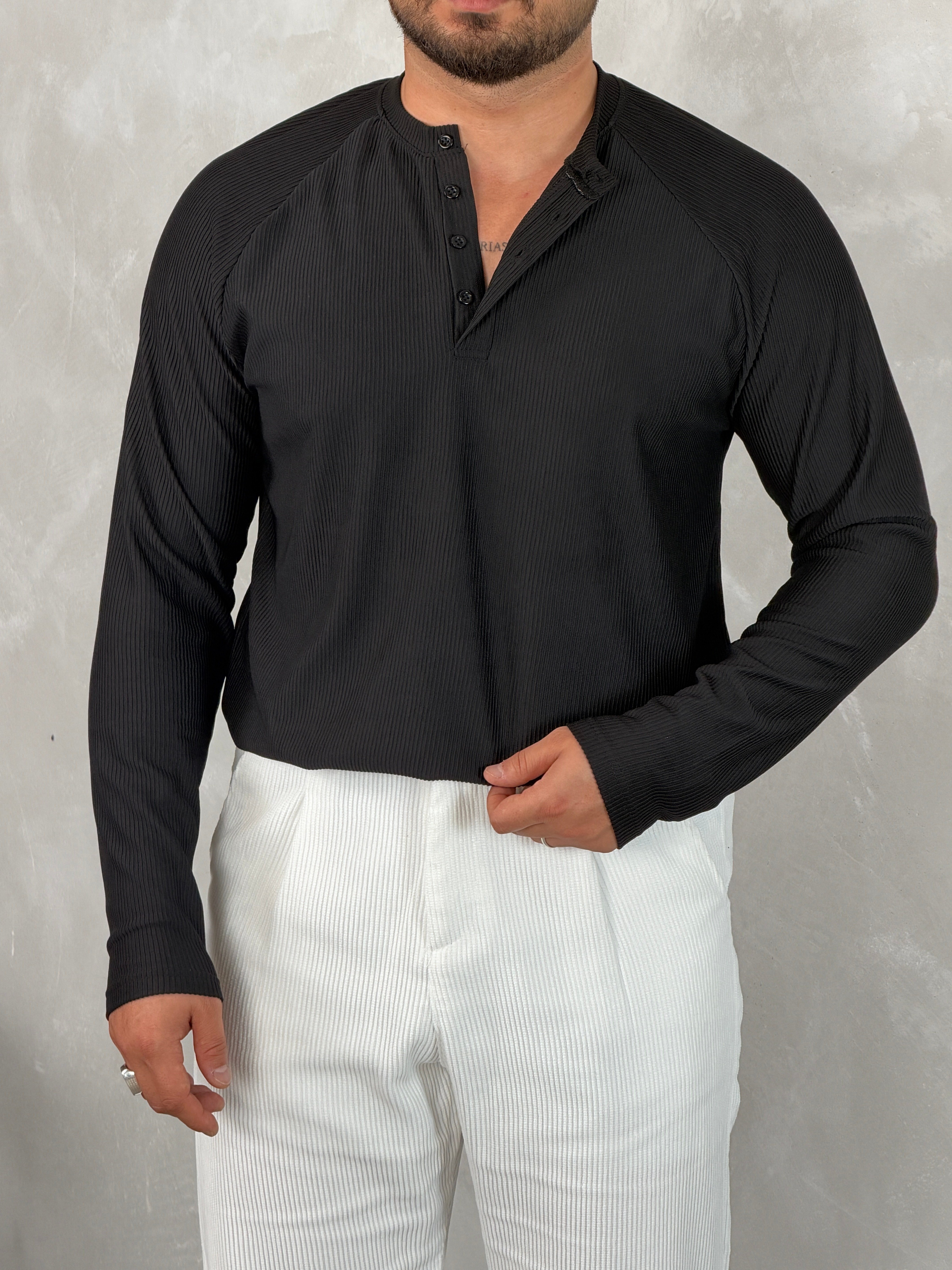 Ottoman Henley Yaka Sweatshirt Siyah