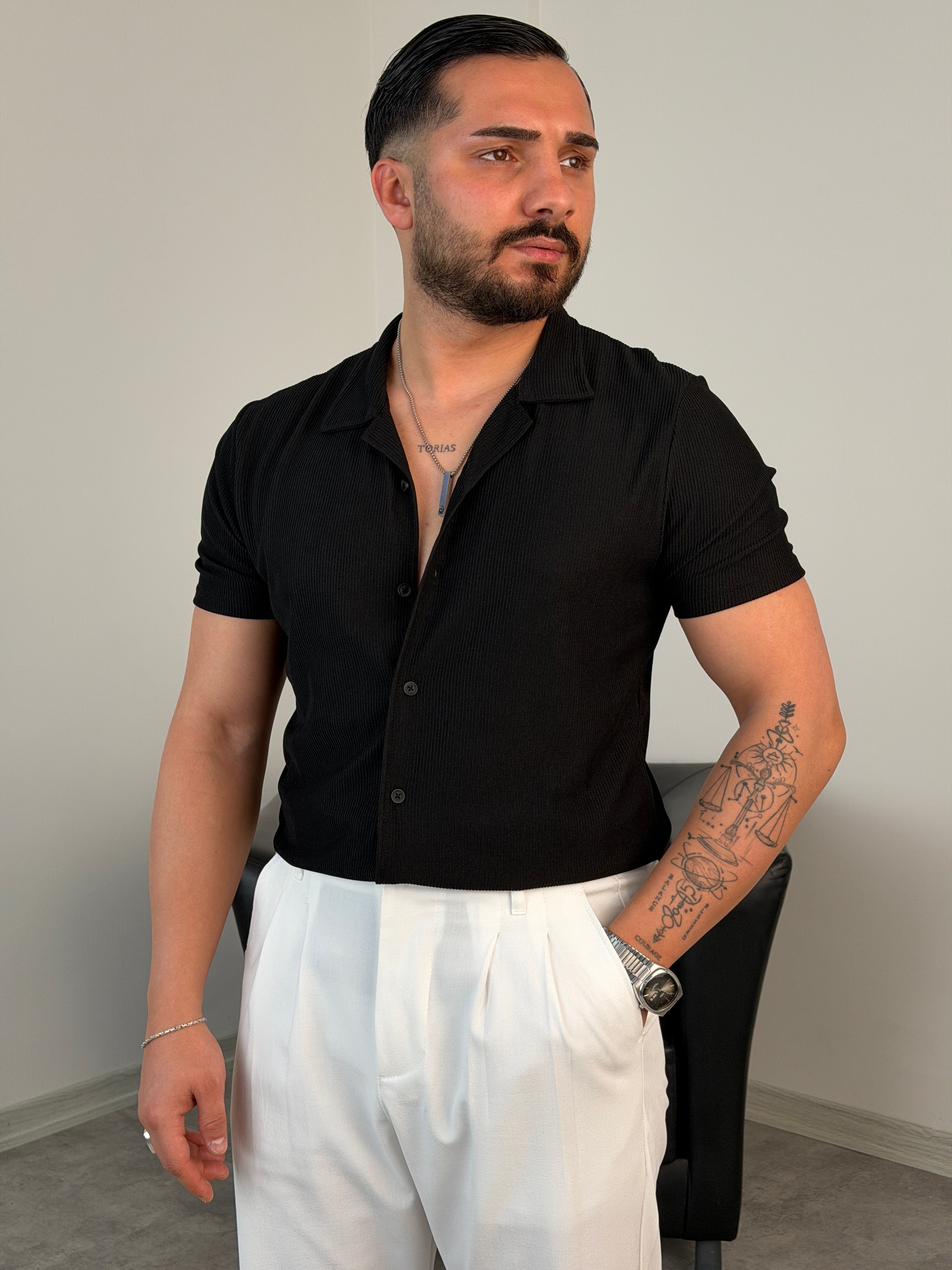 OTTOMAN KUMAŞ PAMUK ÖRME KISAKOL GÖMLEK SİYAH