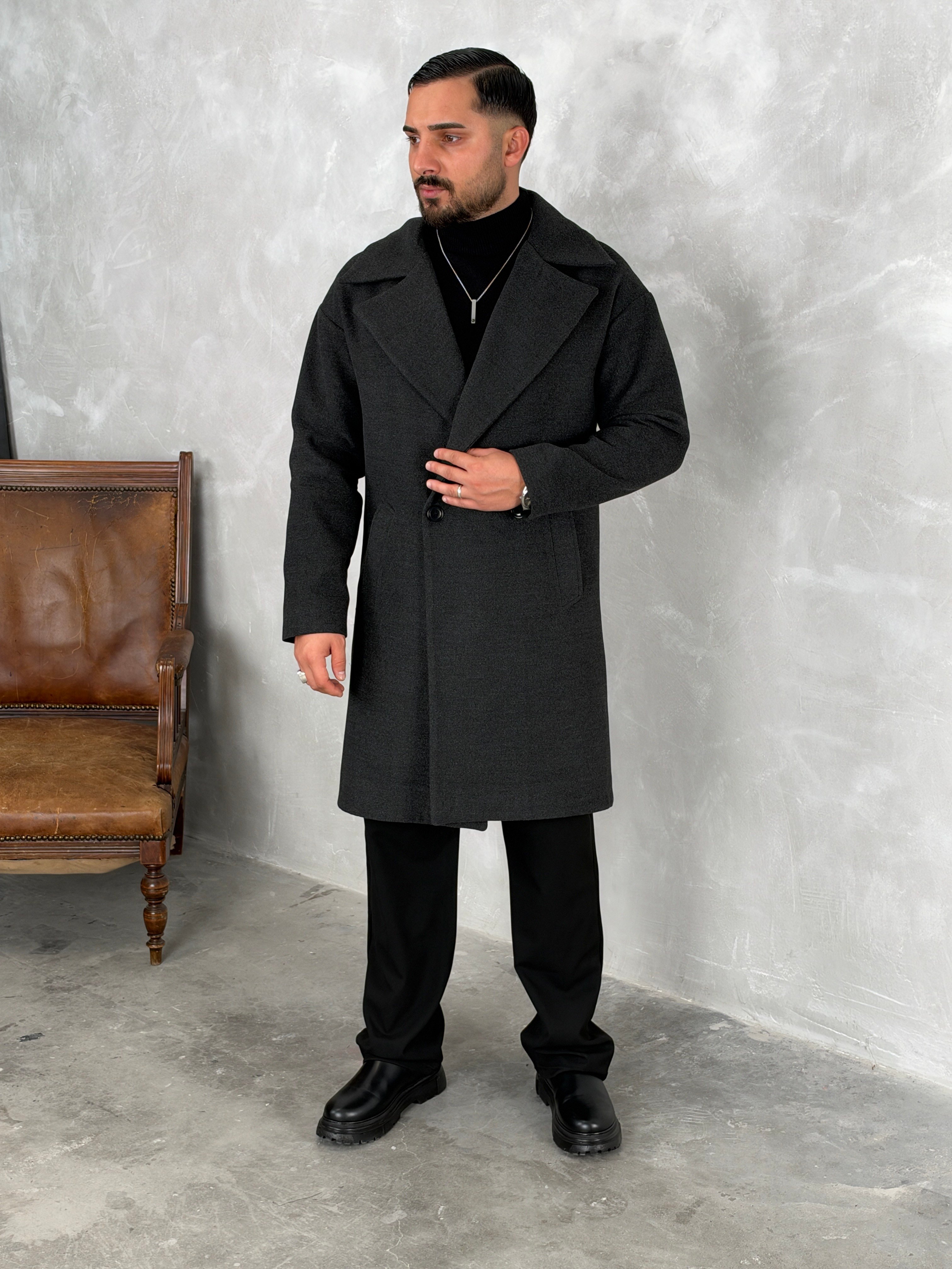 Oversize Astarlı Kaşe Kaban Antrasit