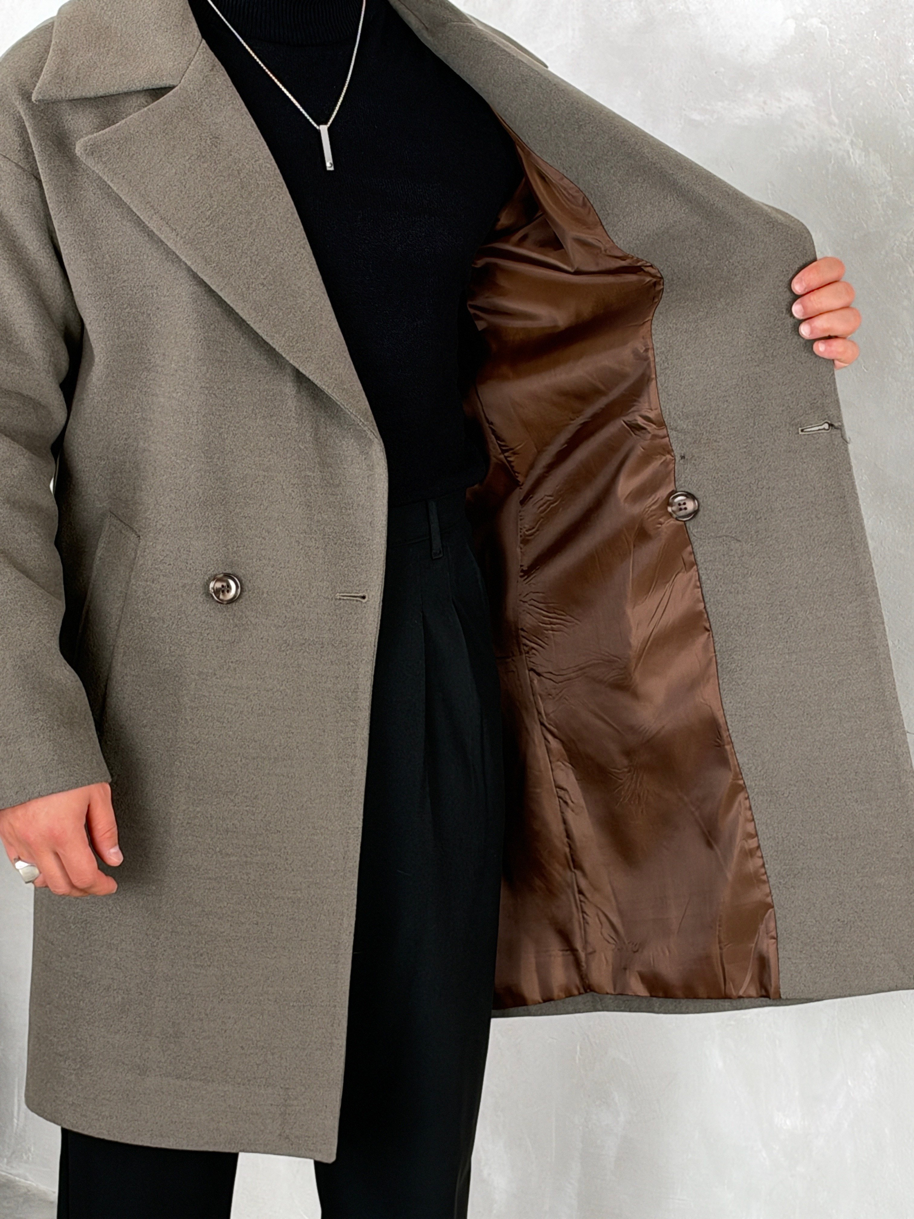 Oversize Astarlı Kaşe Kaban Haki Yeşil