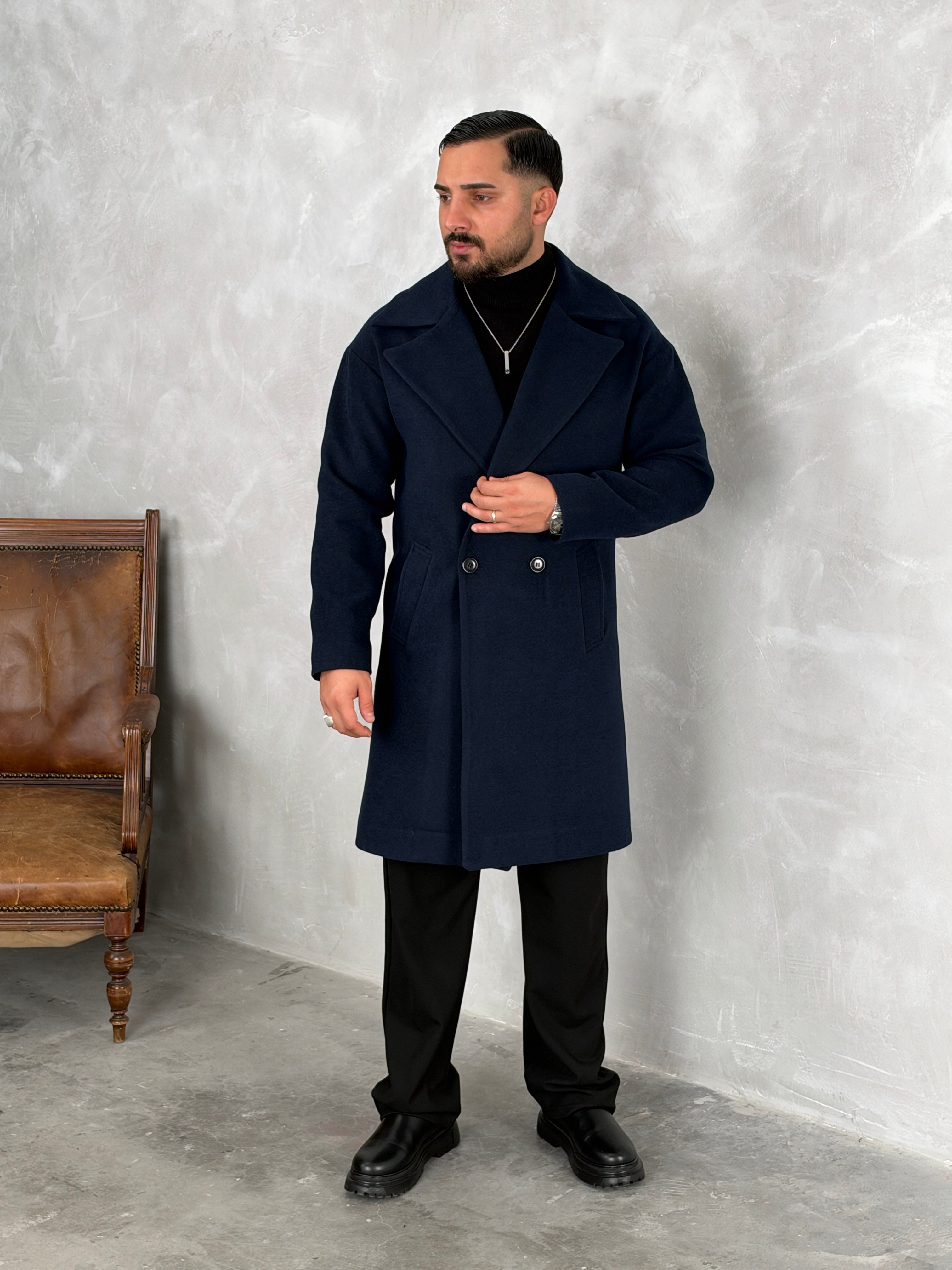 Oversize Astarlı Kaşe Kaban Lacivert