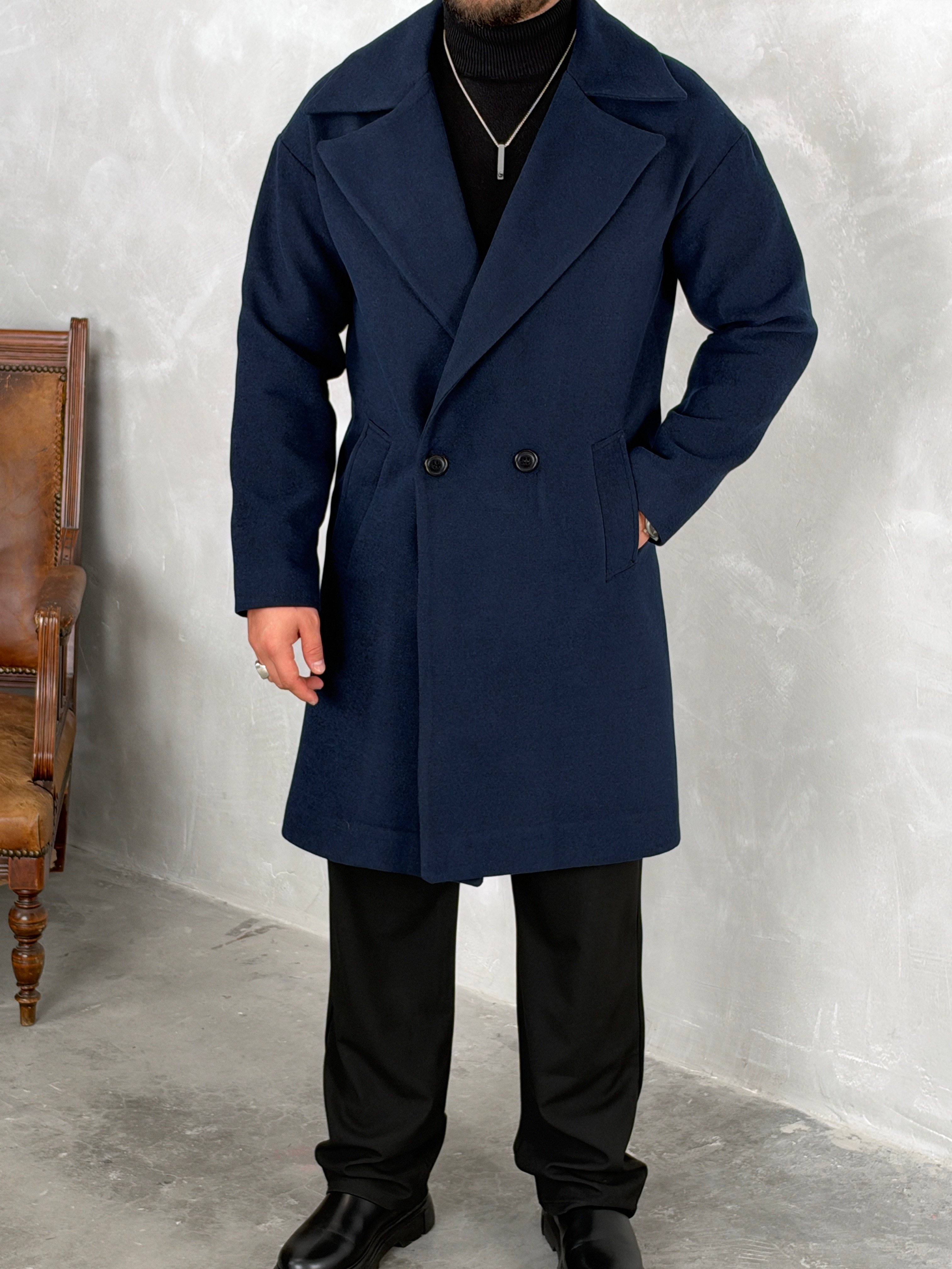 Oversize Astarlı Kaşe Kaban Lacivert