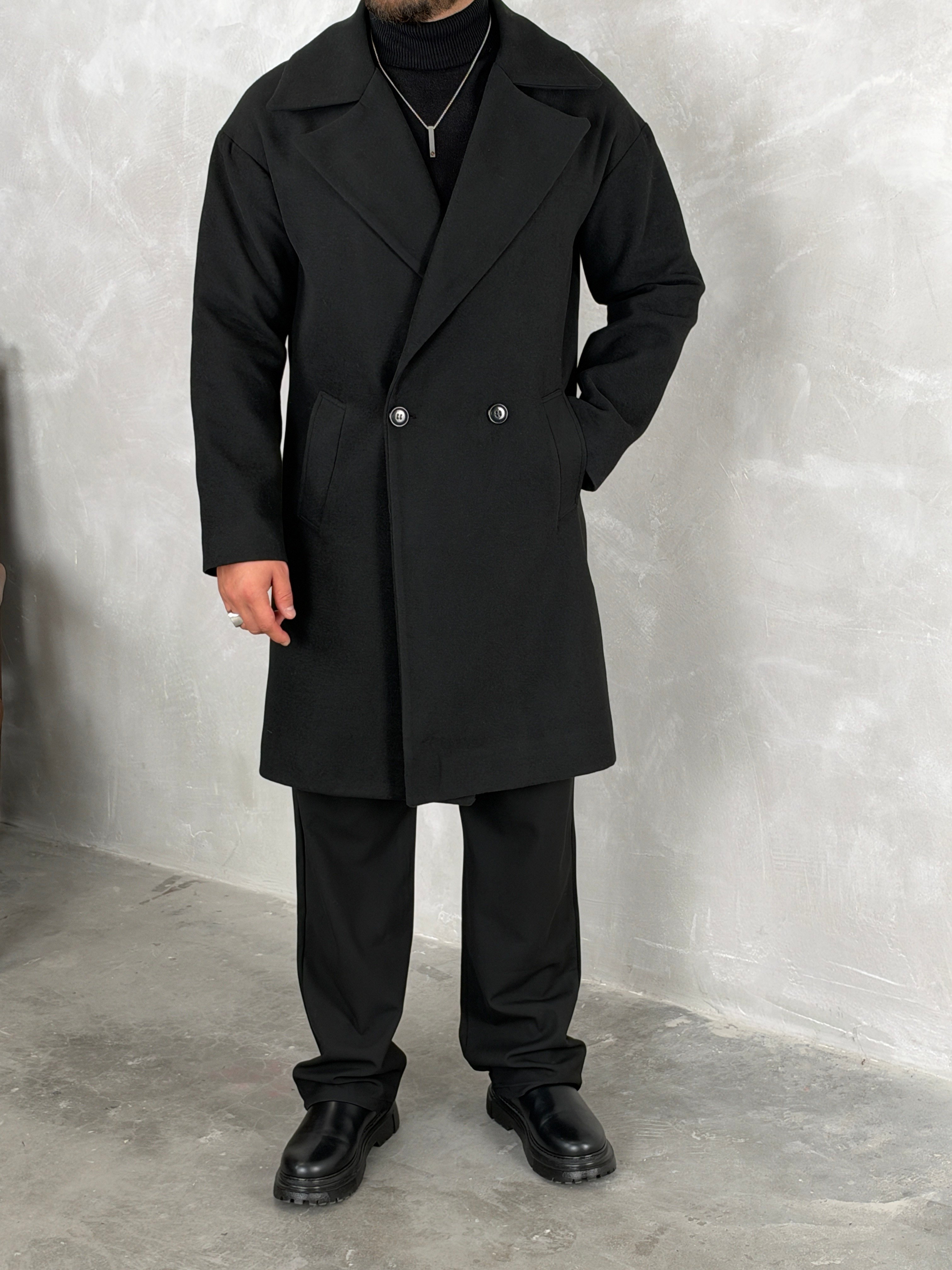 Oversize Astarlı Kaşe Kaban Siyah