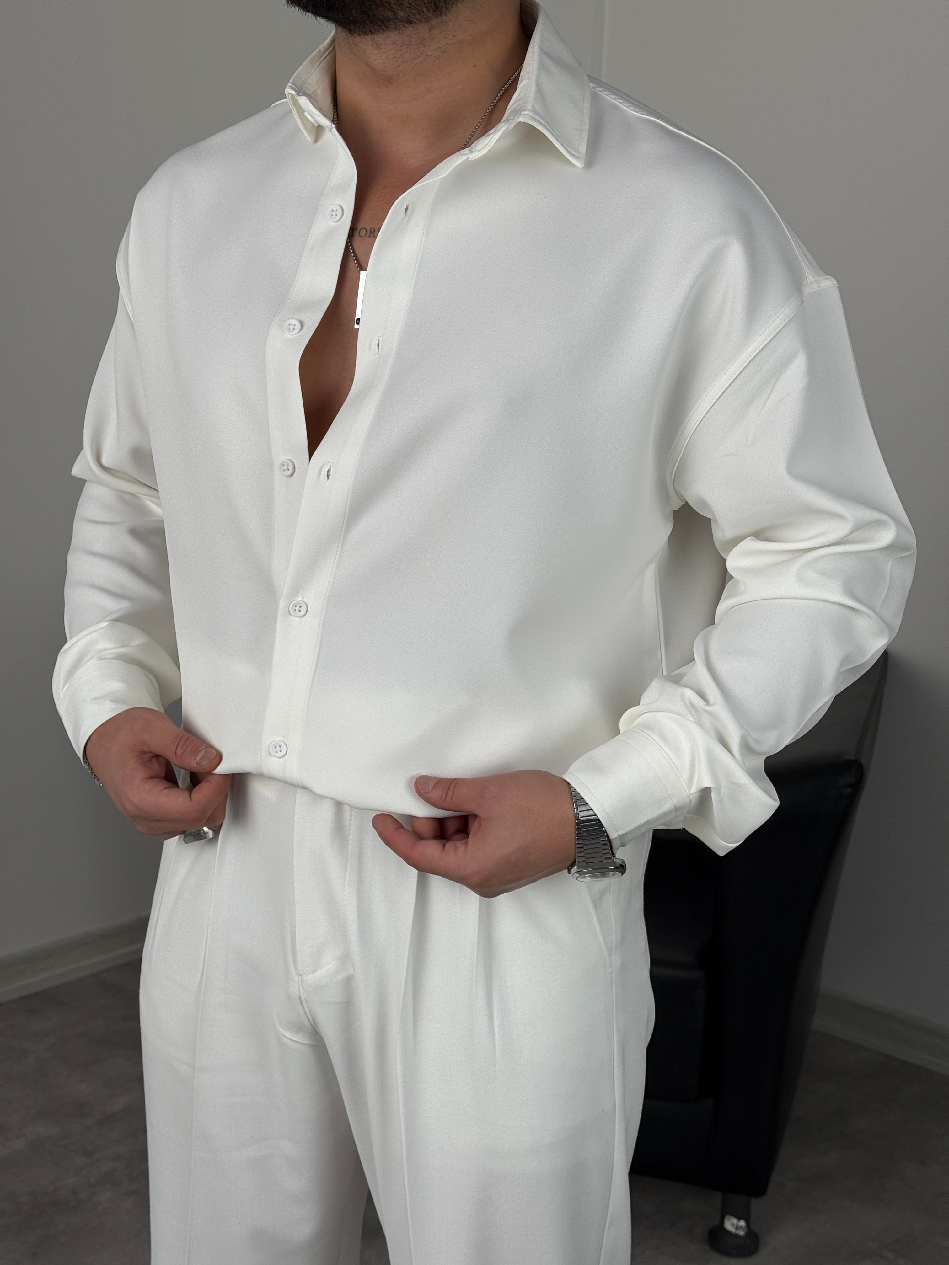 OVERSİZE DABIL İTHAL KUMAŞ GÖMLEK BEYAZ