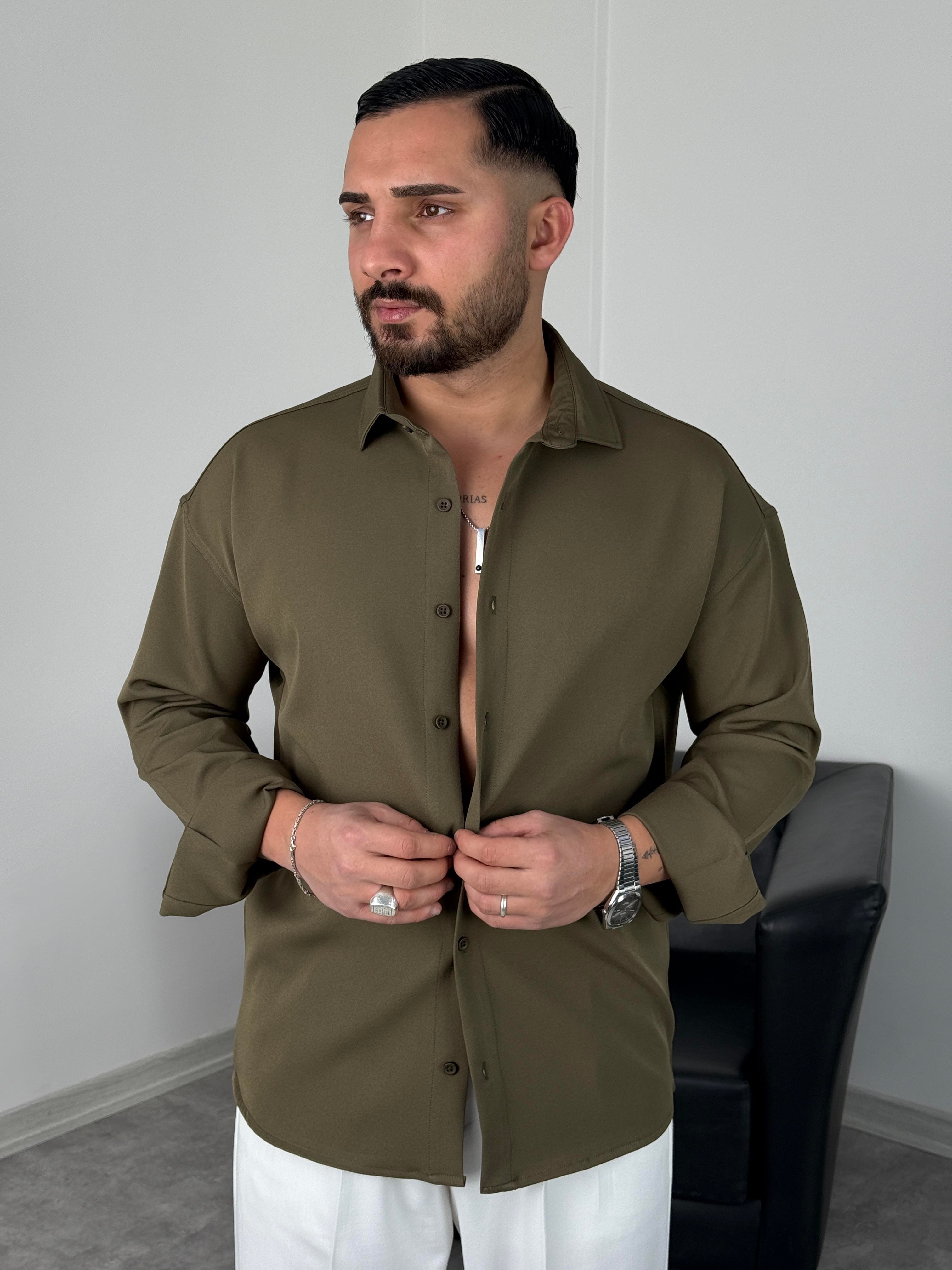 OVERSİZE DABIL İTHAL KUMAŞ GÖMLEK HAKİ YEŞİL