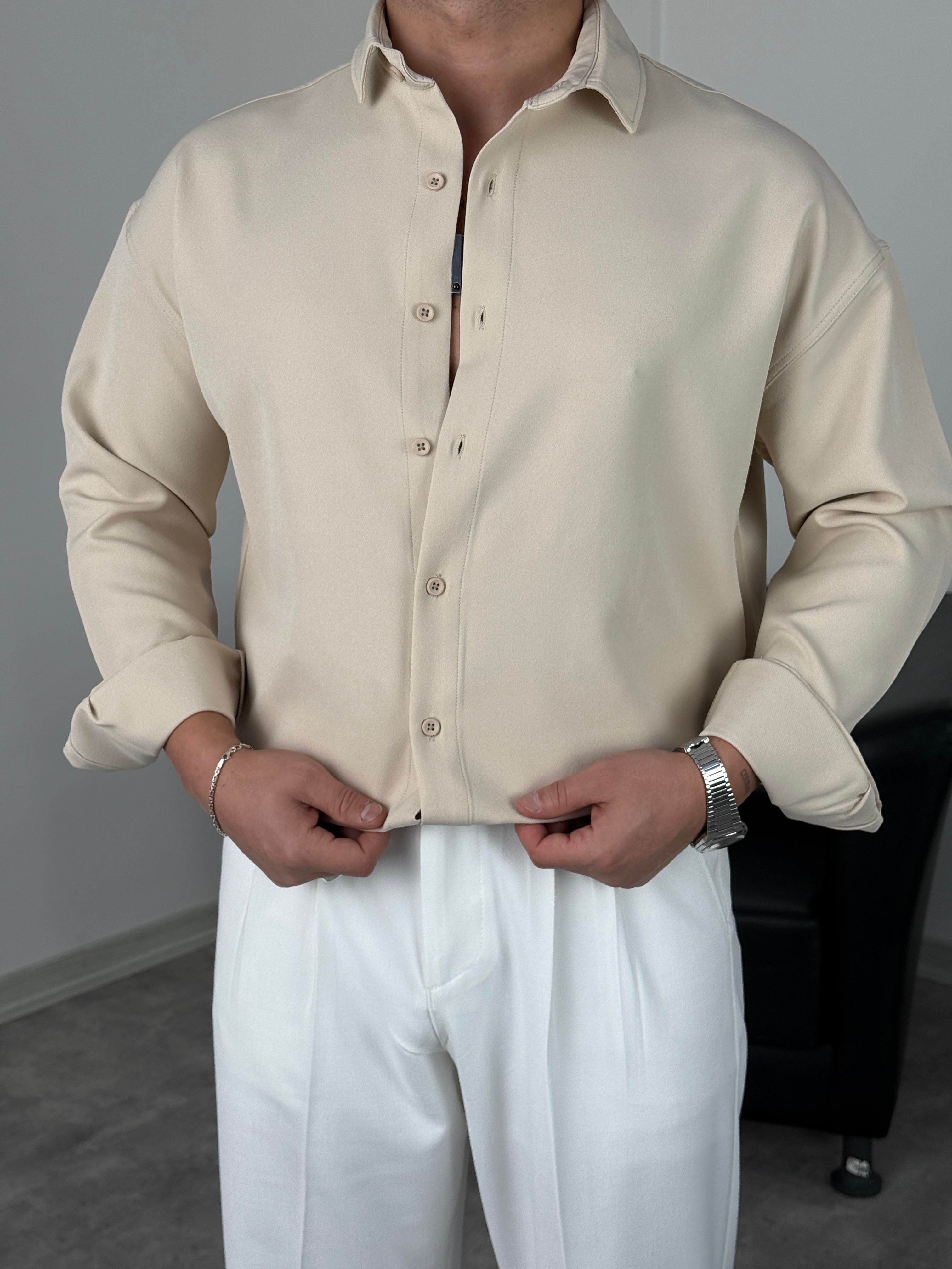 OVERSİZE DABIL İTHAL KUMAŞ GÖMLEK KREM