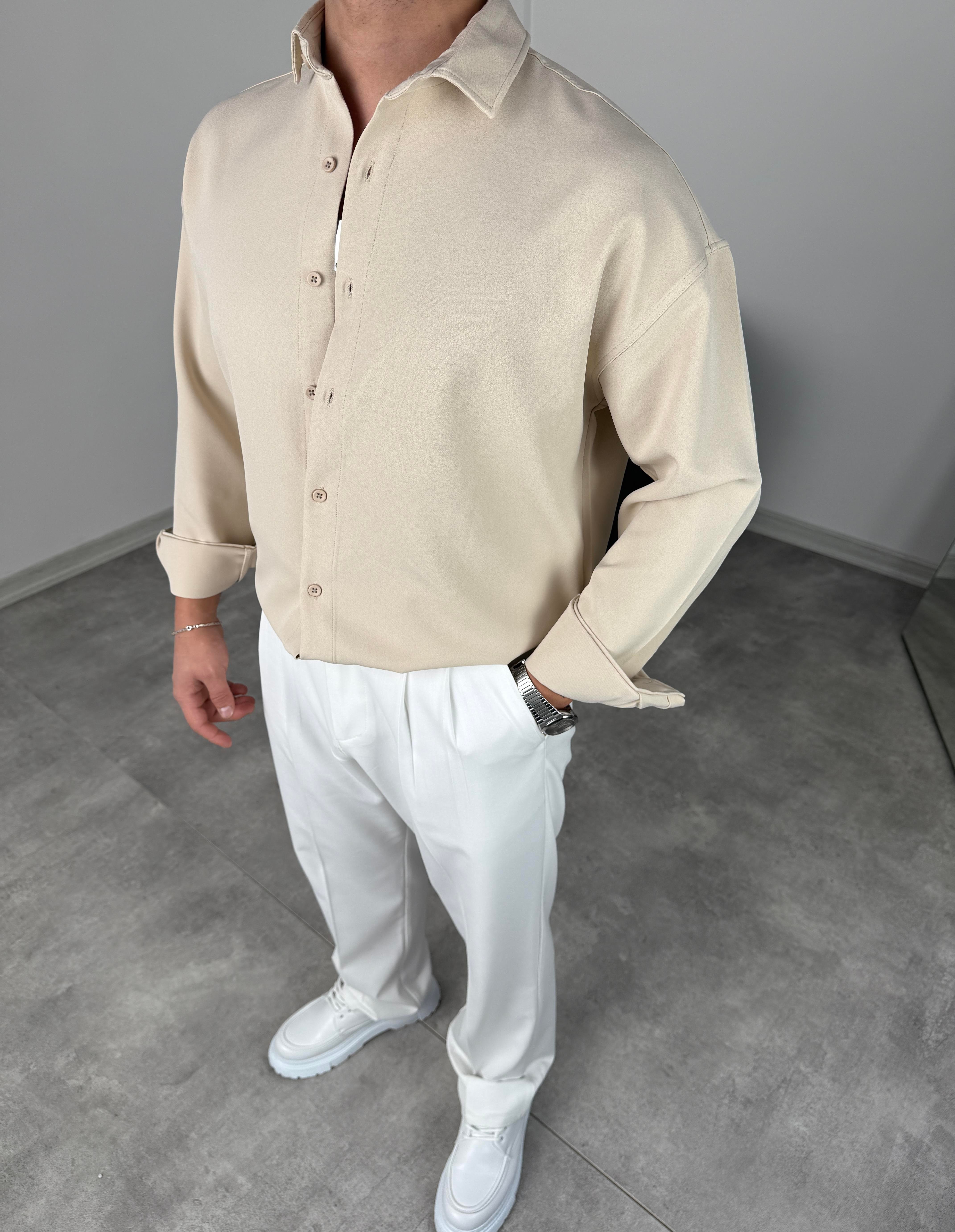 OVERSİZE DABIL İTHAL KUMAŞ GÖMLEK KREM