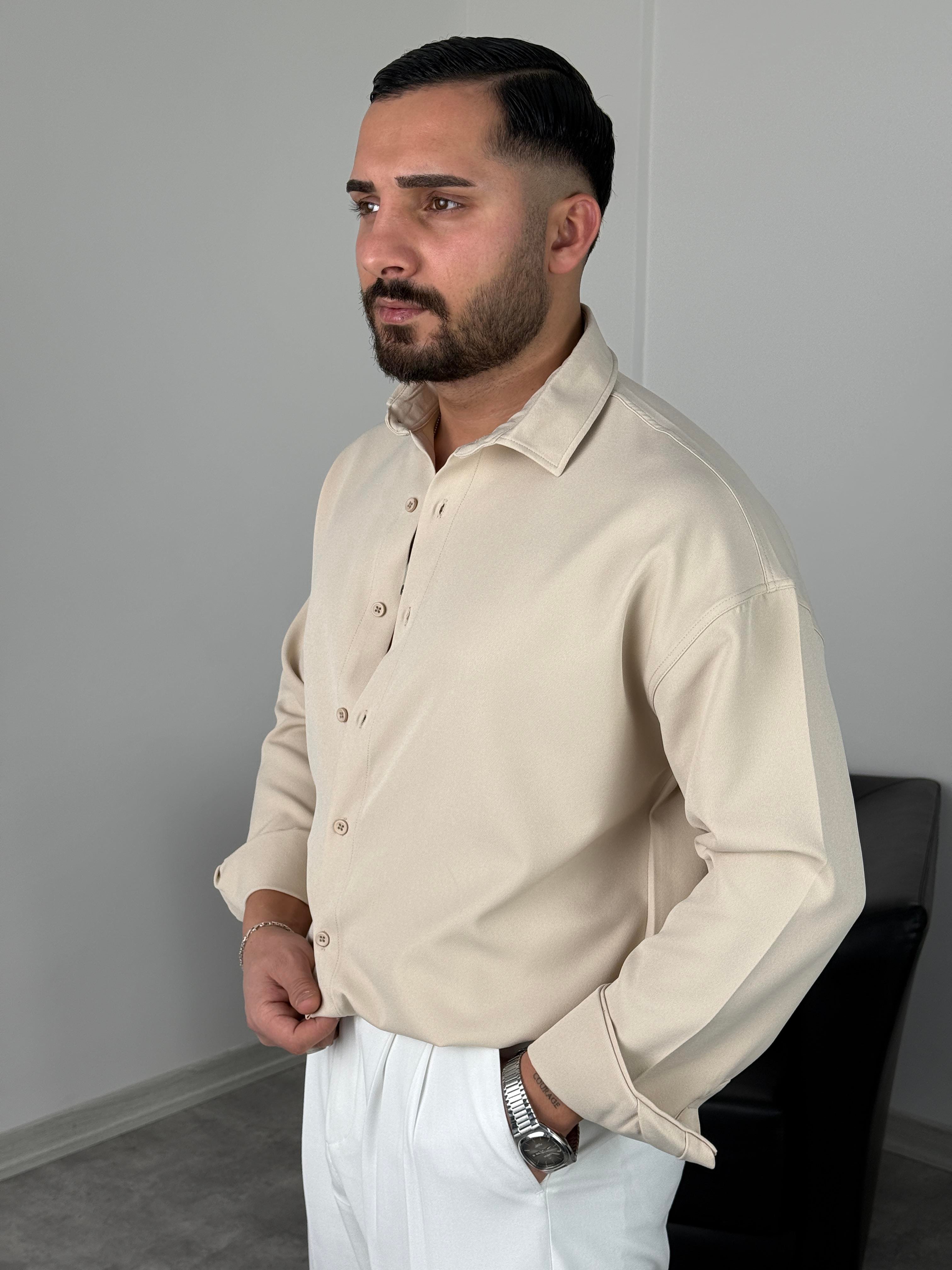 OVERSİZE DABIL İTHAL KUMAŞ GÖMLEK KREM