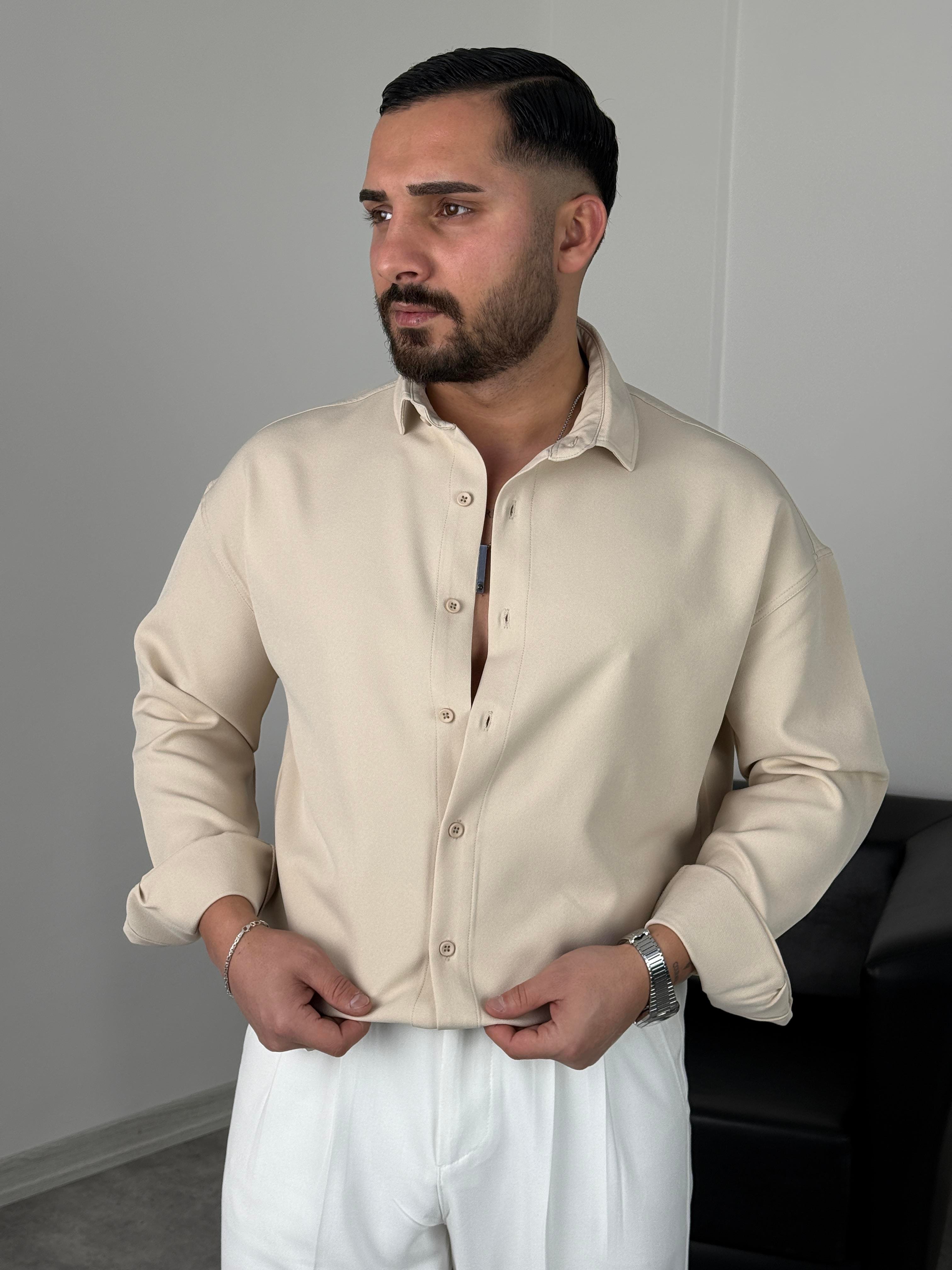 OVERSİZE DABIL İTHAL KUMAŞ GÖMLEK KREM