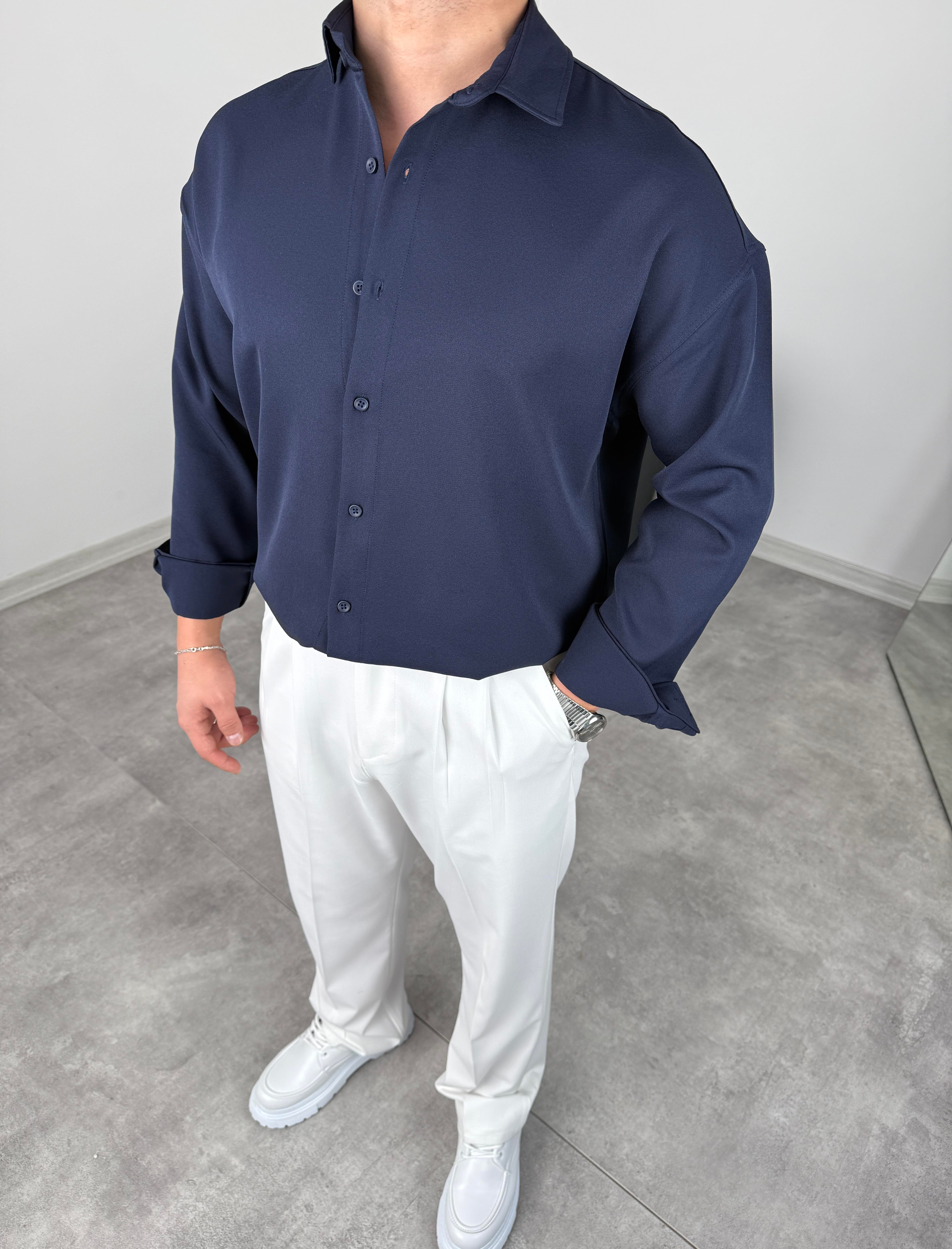 OVERSİZE DABIL İTHAL KUMAŞ GÖMLEK LACİVERT