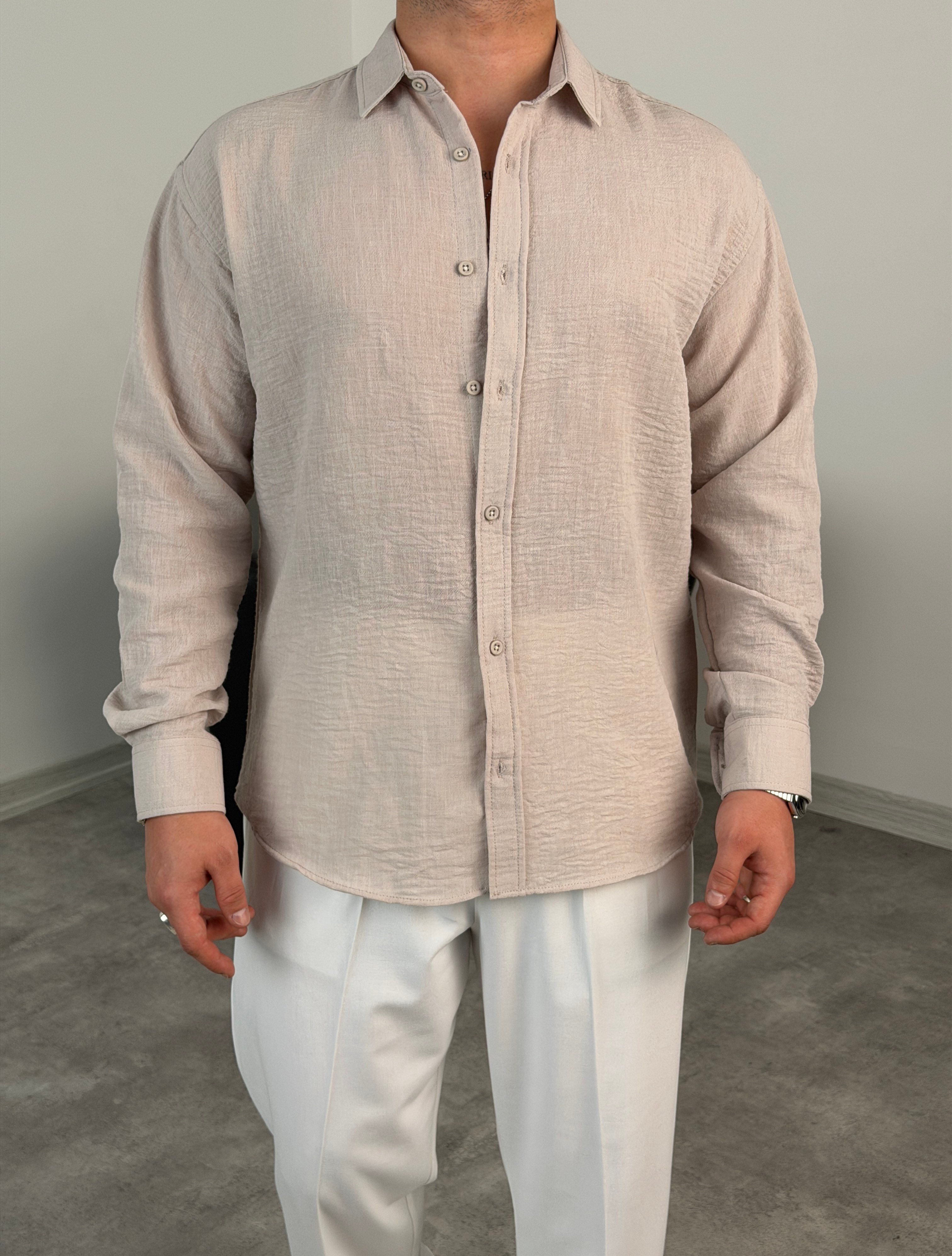 PERA KETEN UZUNKOL OVERSİZE GÖMLEK BEJ