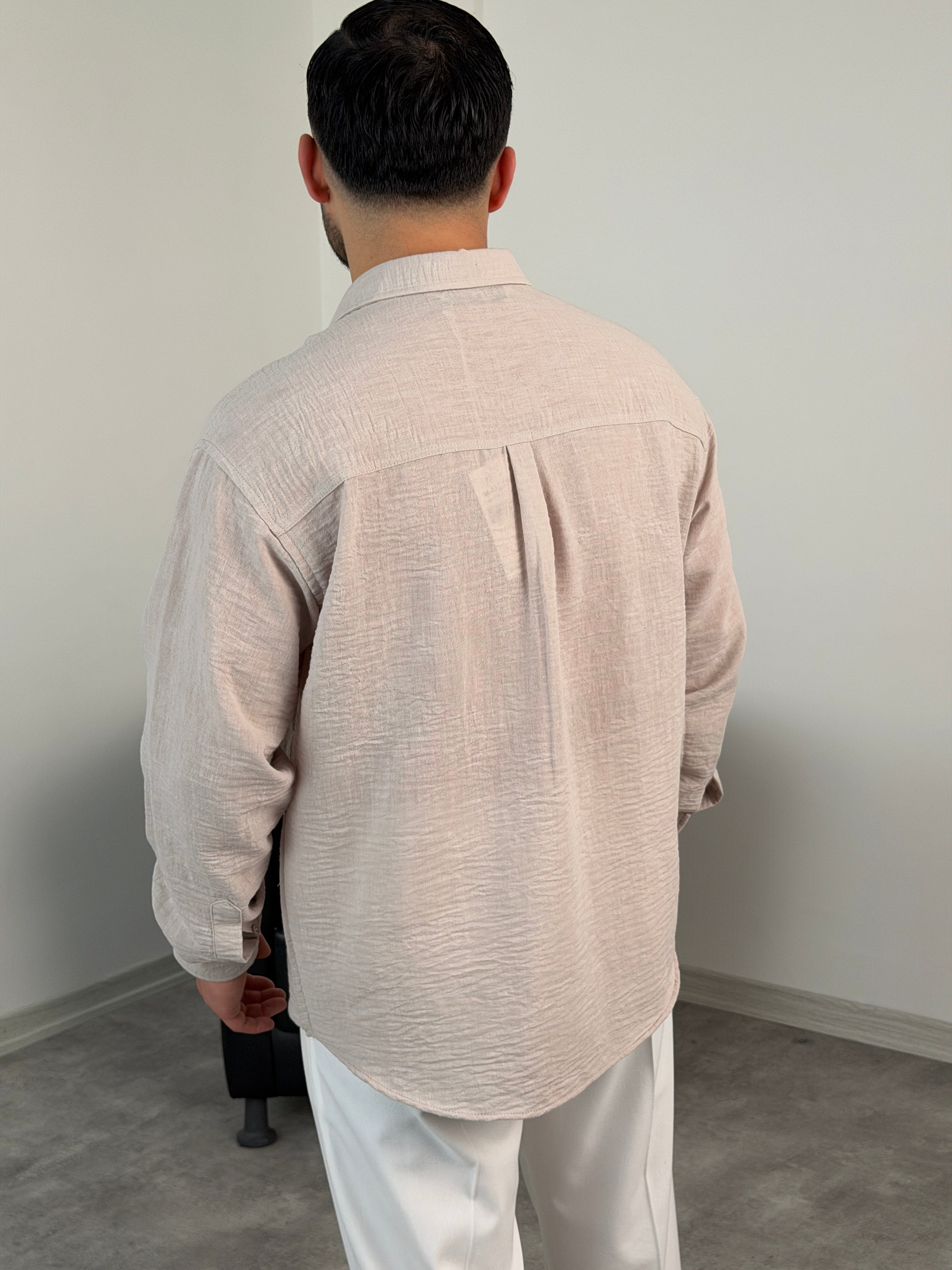 PERA KETEN UZUNKOL OVERSİZE GÖMLEK BEJ