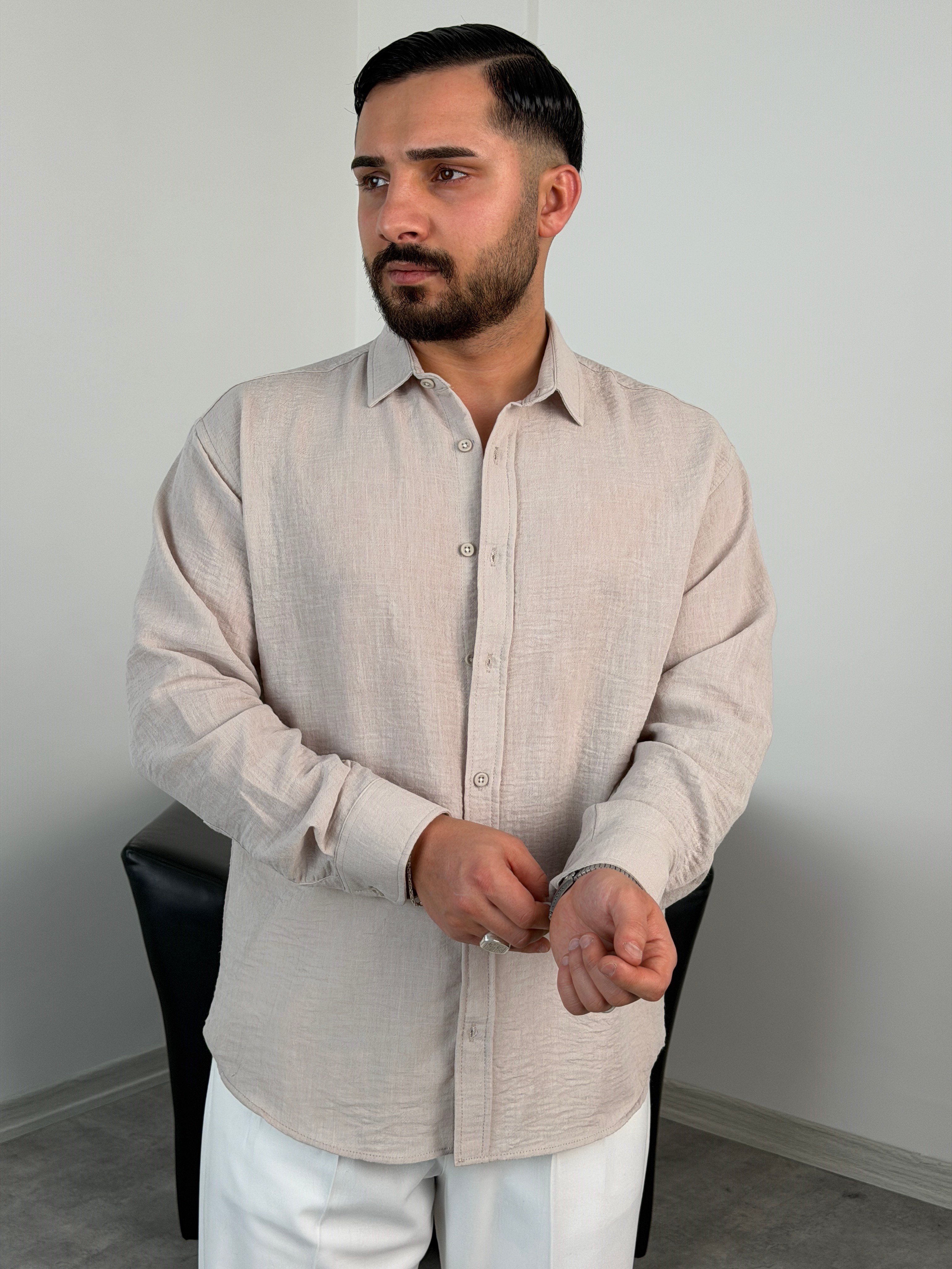 PERA KETEN UZUNKOL OVERSİZE GÖMLEK BEJ