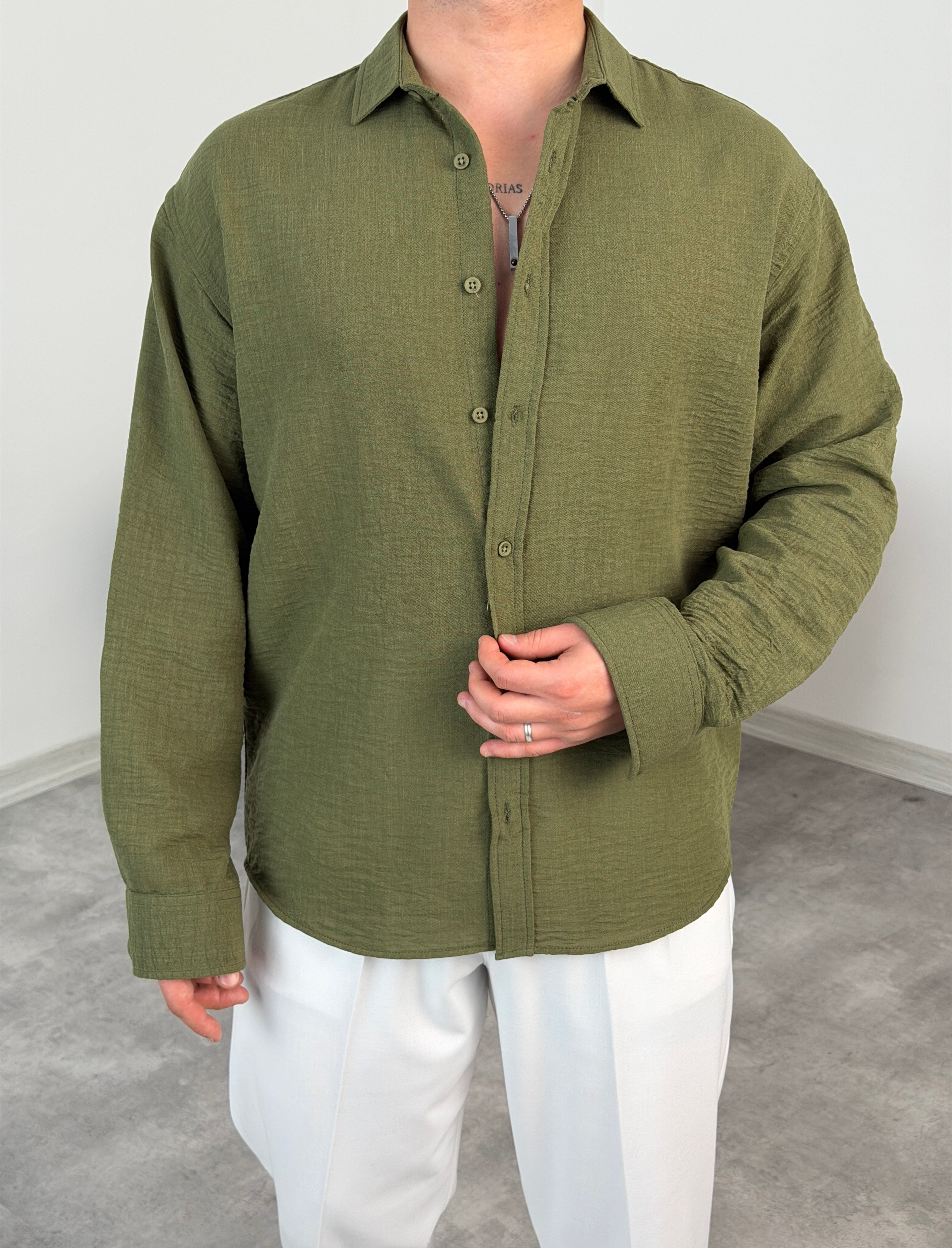 PERA KETEN UZUNKOL OVERSİZE GÖMLEK HAKİ YEŞİL