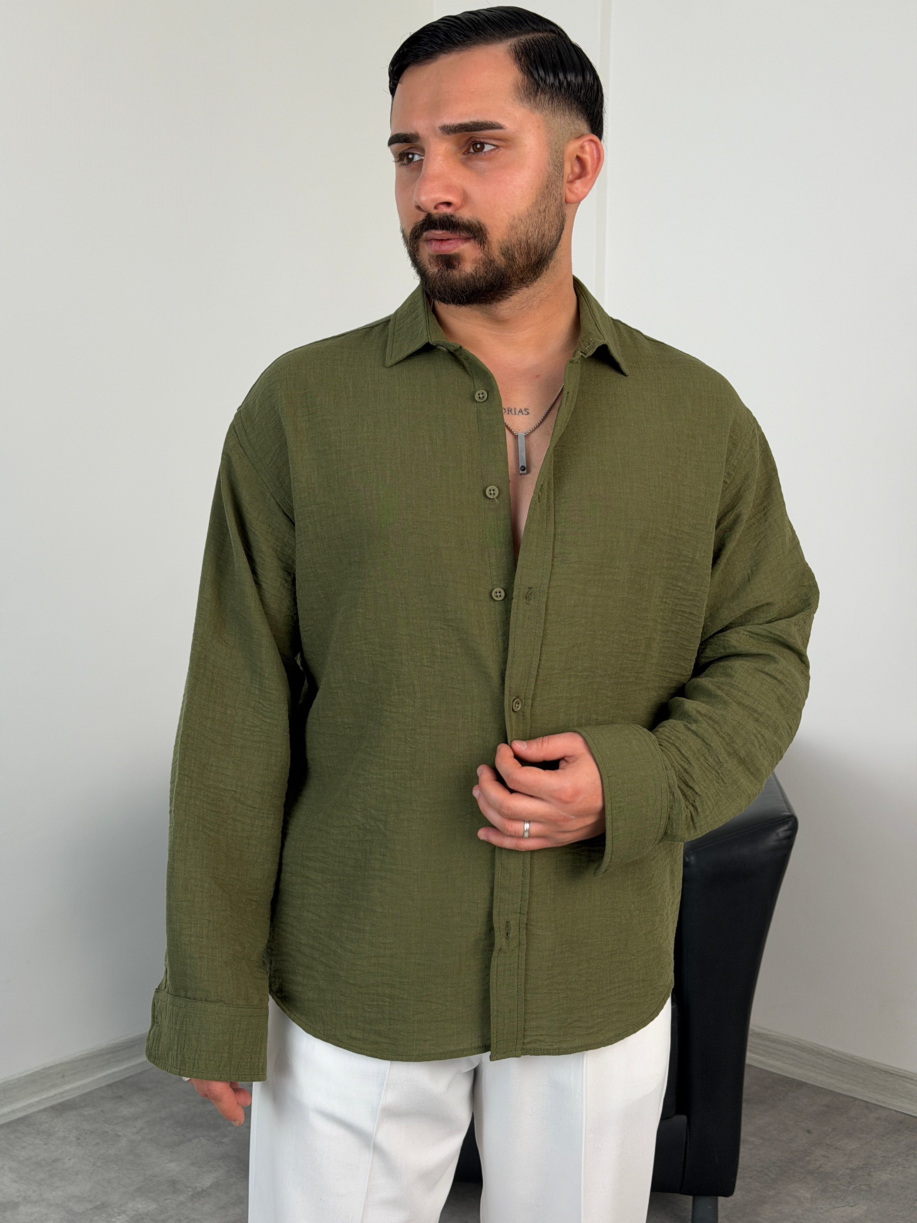 PERA KETEN UZUNKOL OVERSİZE GÖMLEK HAKİ YEŞİL