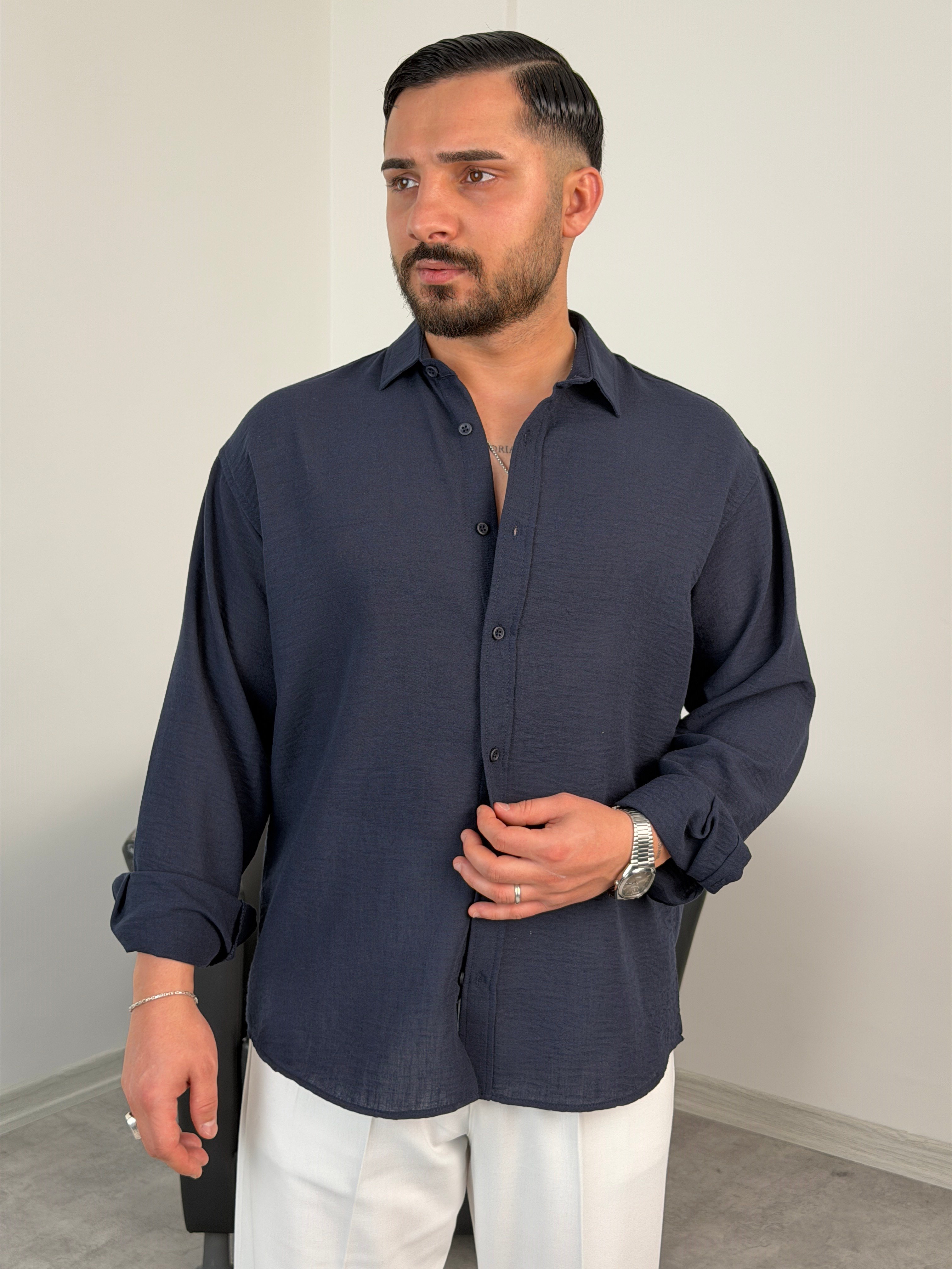 PERA KETEN UZUNKOL OVERSİZE GÖMLEK LACİVERT